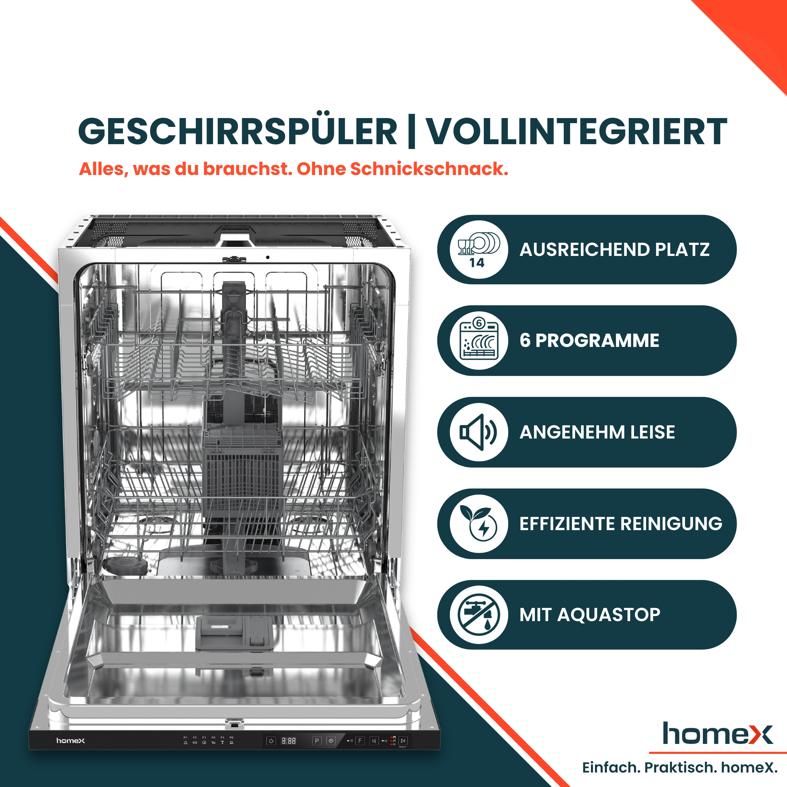 Ein vollintegrierter Geschirrspüler mit viel Platz, 6 Programmen und Aquastop.