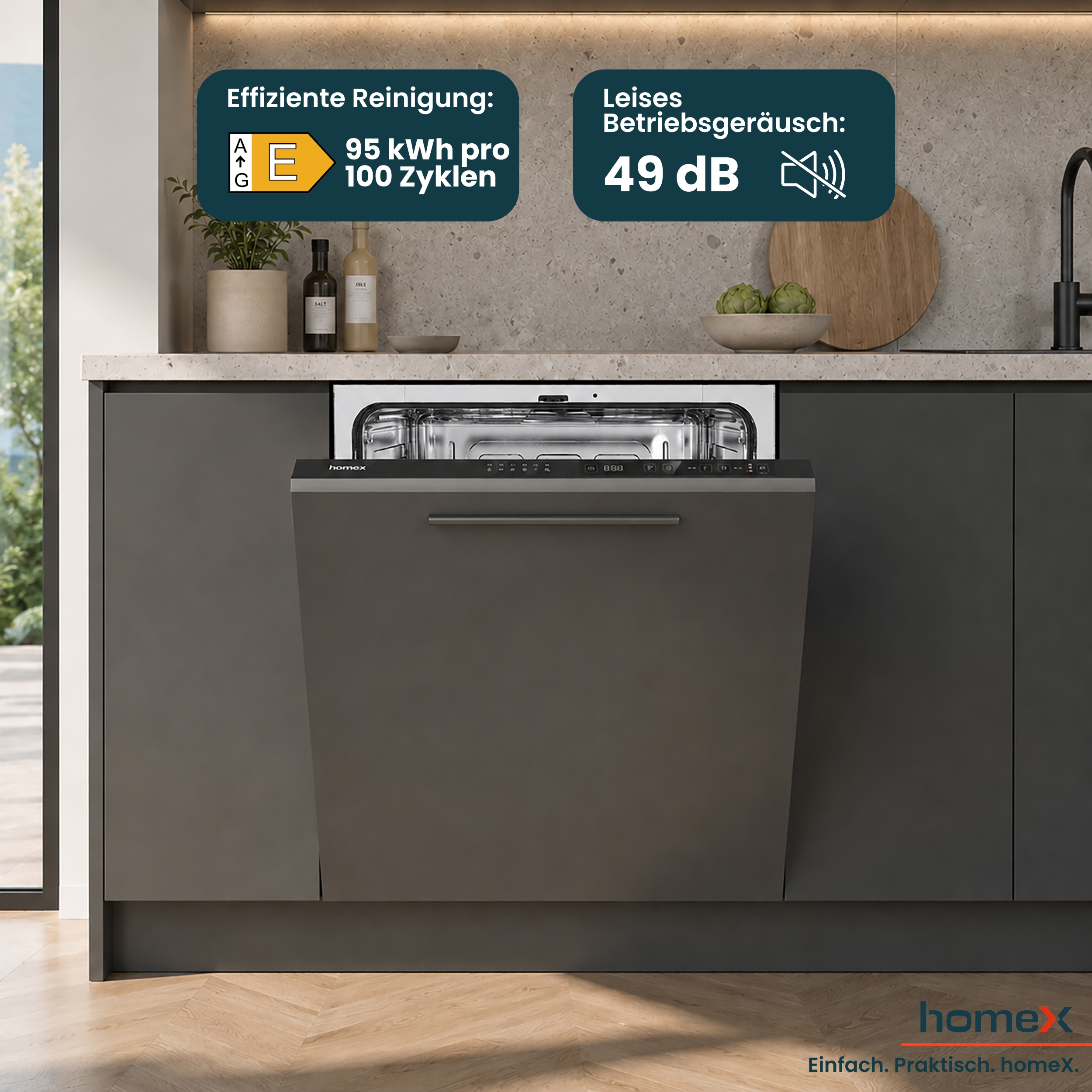 Einbaugeschirrspüler mit Energieeffizienz E, 95 kWh/100 Zyklen, 49 dB Lärmpegel.