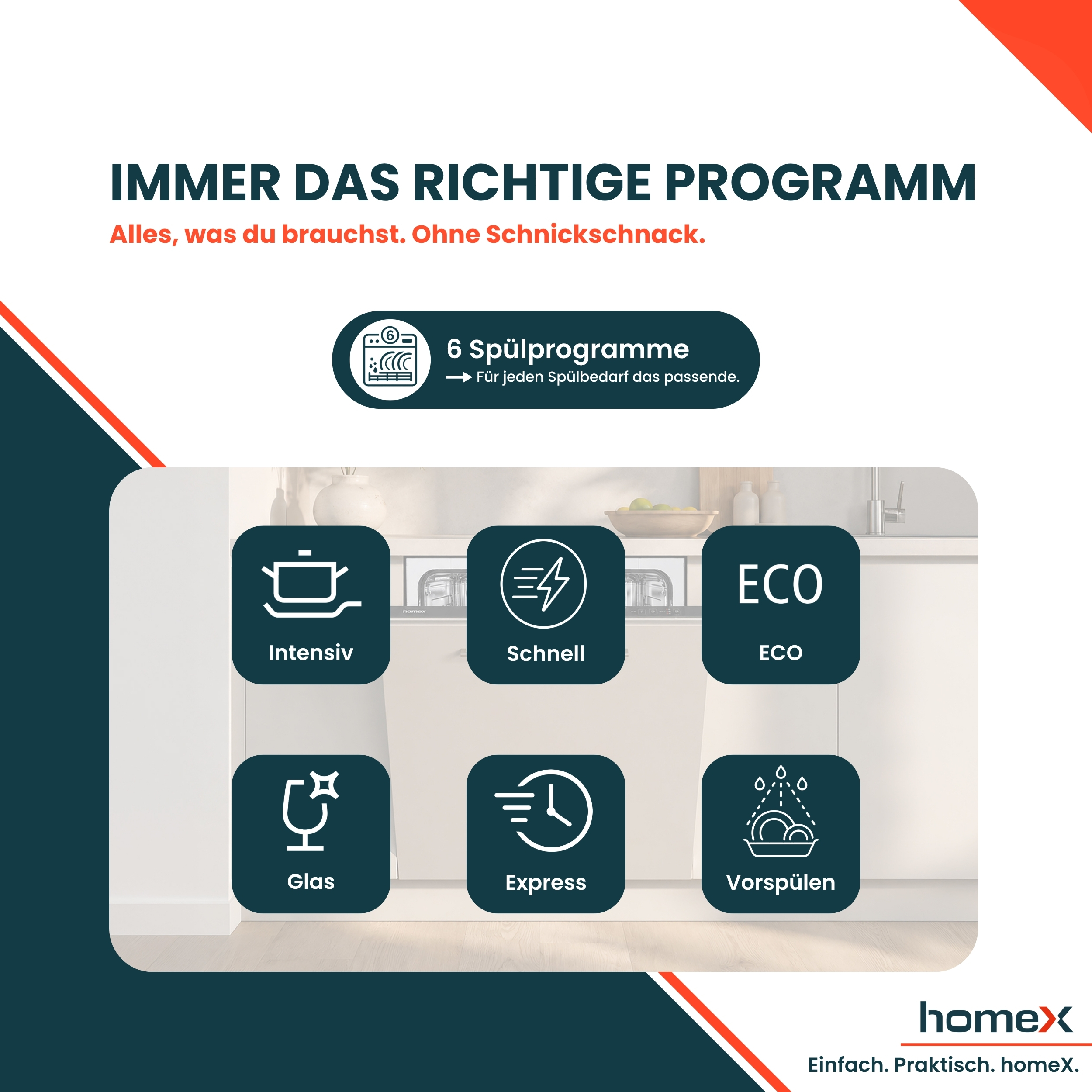 Ein Geschirrspüler mit 6 Programmen: Intensiv, Schnell, ECO, Glas, Express, Vorspülen.