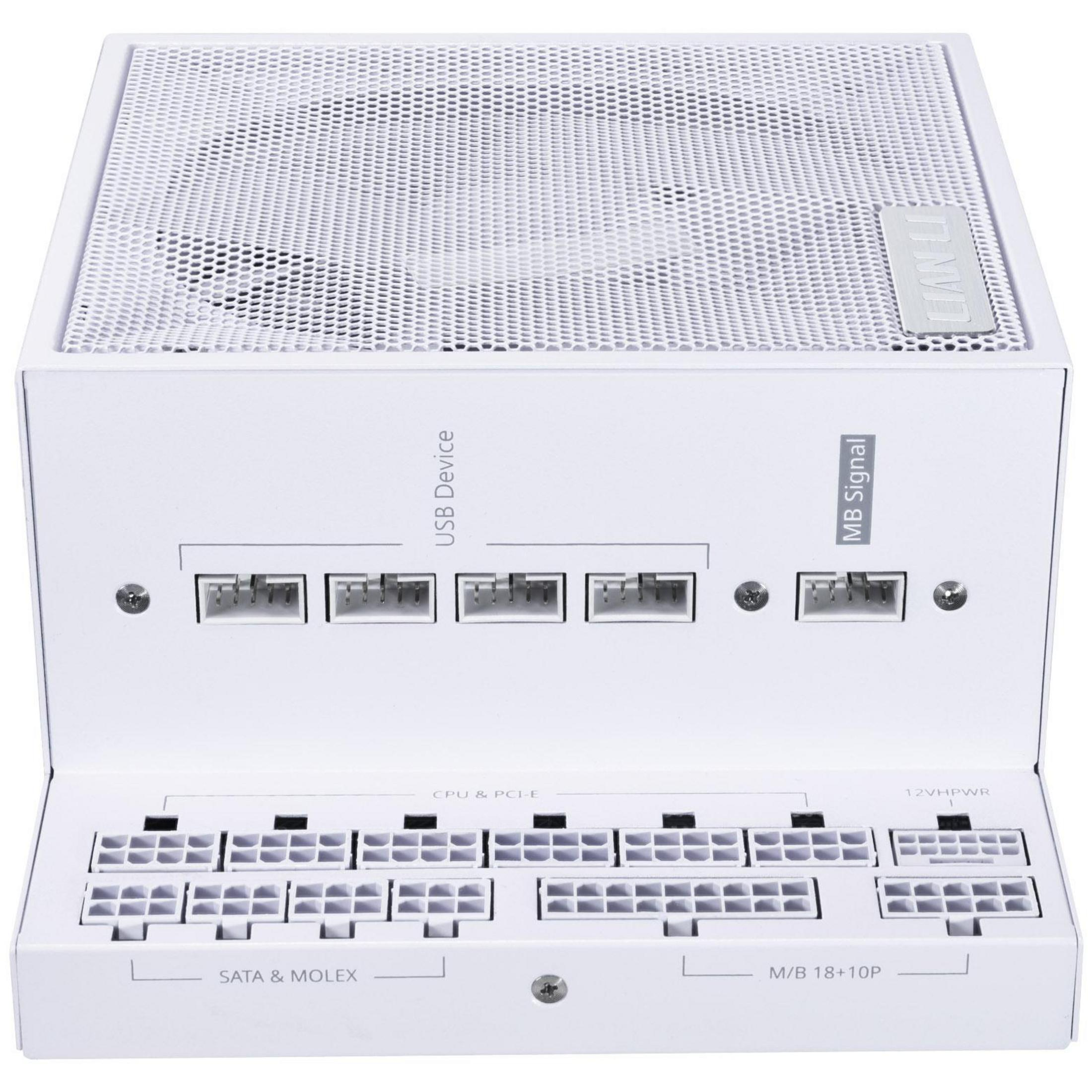 Weiße Lian Li Netzteil mit mehreren Anschlüssen für SATA, CPU, PCI-E und USB.