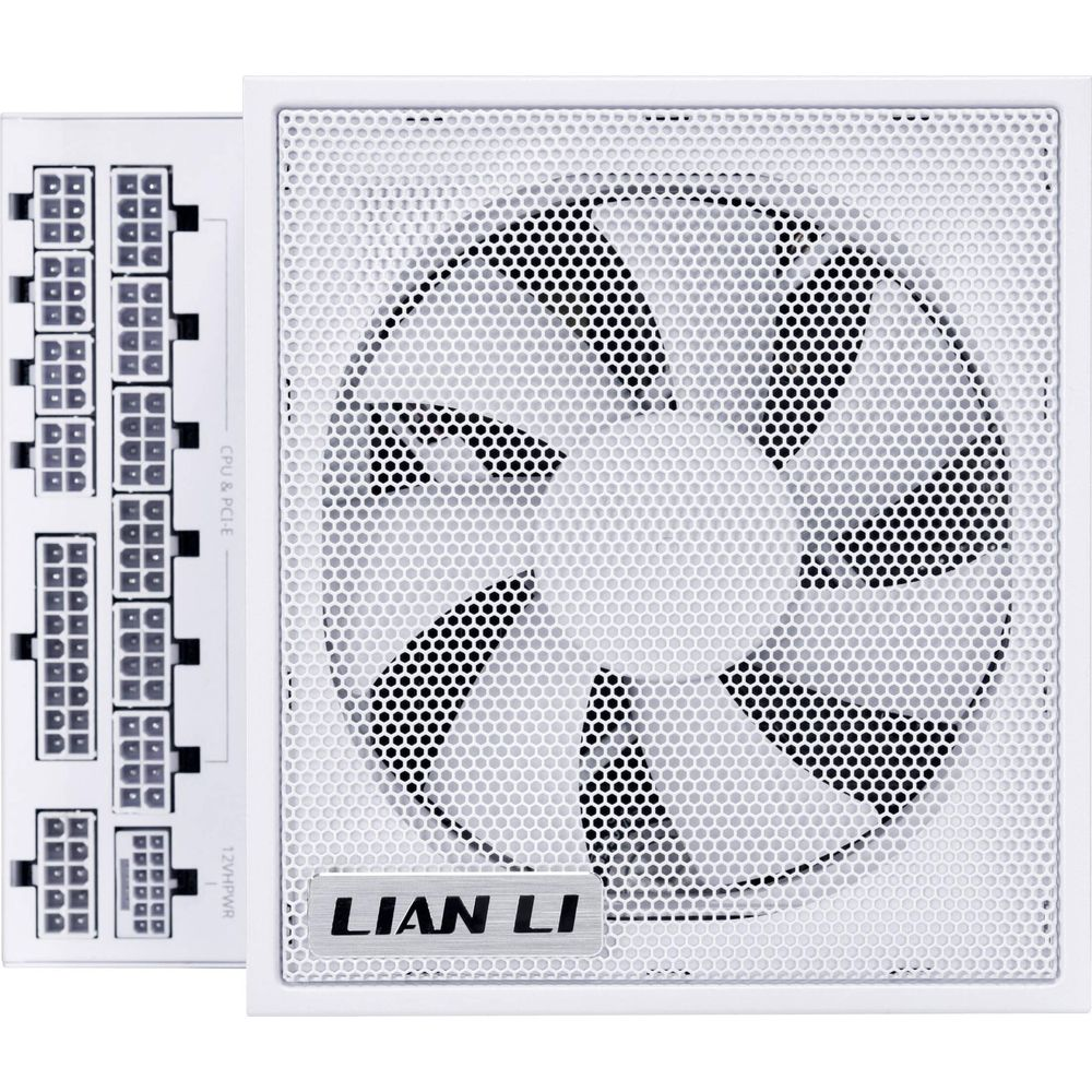 Weiße Lian Li Computer-Netzteil mit modularen Anschlüssen und Lüftergitter.