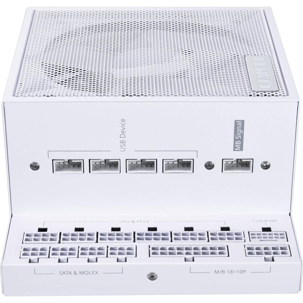 Ein weißes Netzteil mit vielen Anschlüssen und Beschriftungen wie SATA, MOLEX, CPU, PCI-E.