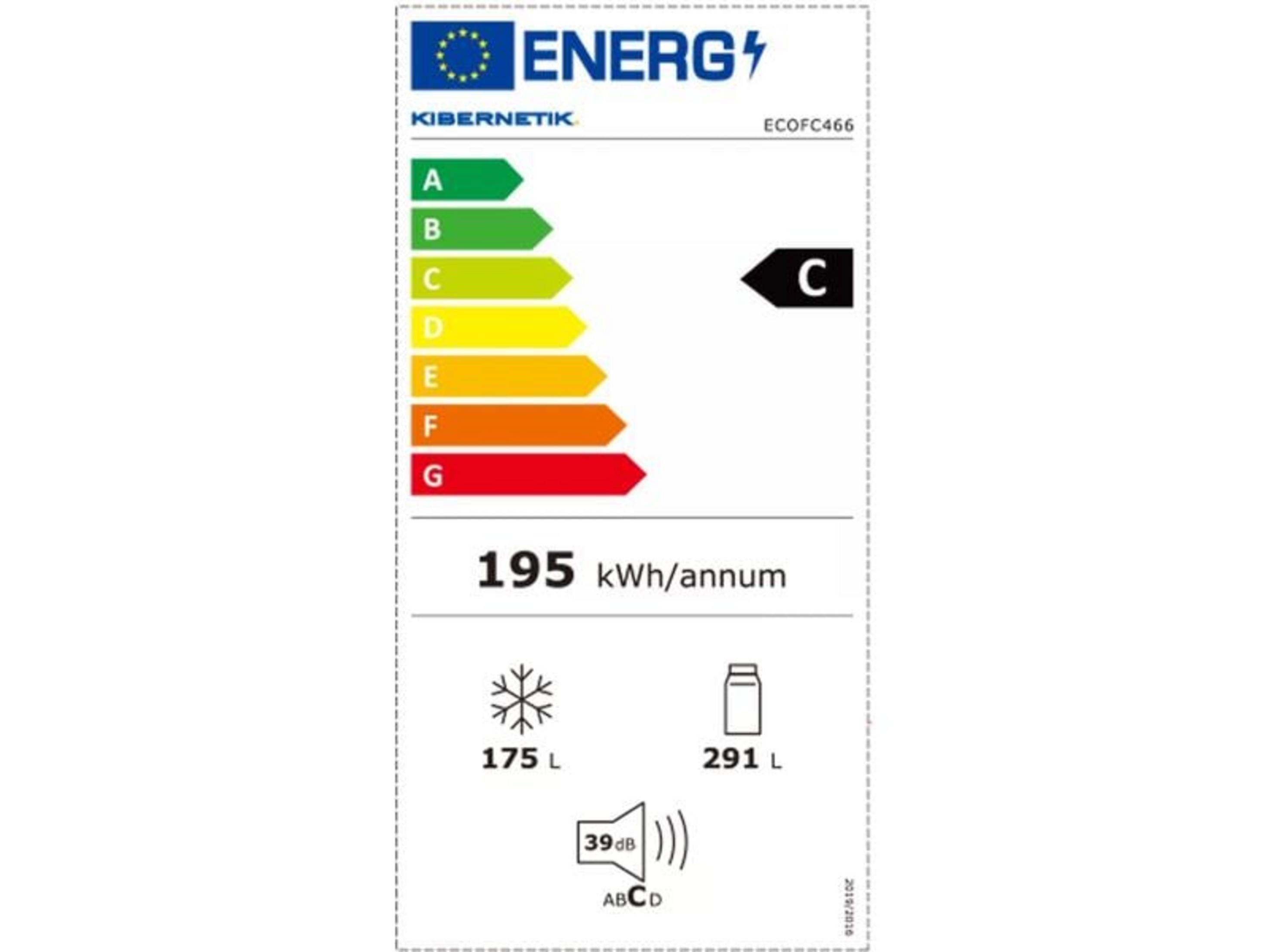 Label énergie classe C, 195 kWh/an, congélateur 175L, réfrigérateur 291L, 39dB.