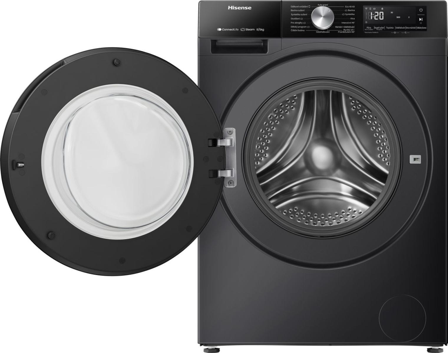 Schwarze Waschmaschine mit geöffneter Tür und sichtbarer Trommel. Bedienfeld mit Display.