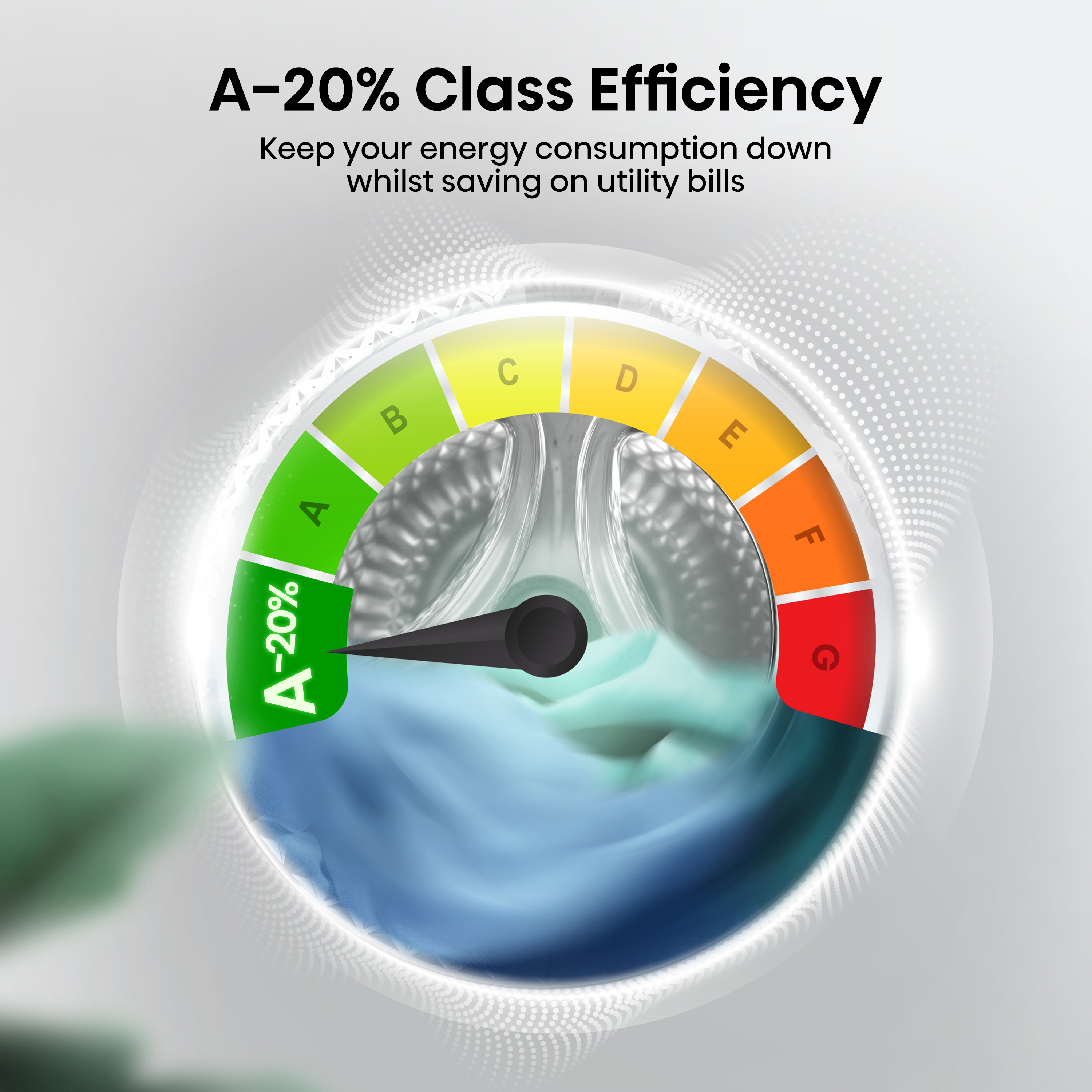 Energieeffizienz-Anzeige A-20% über einer Waschmaschinentrommel.