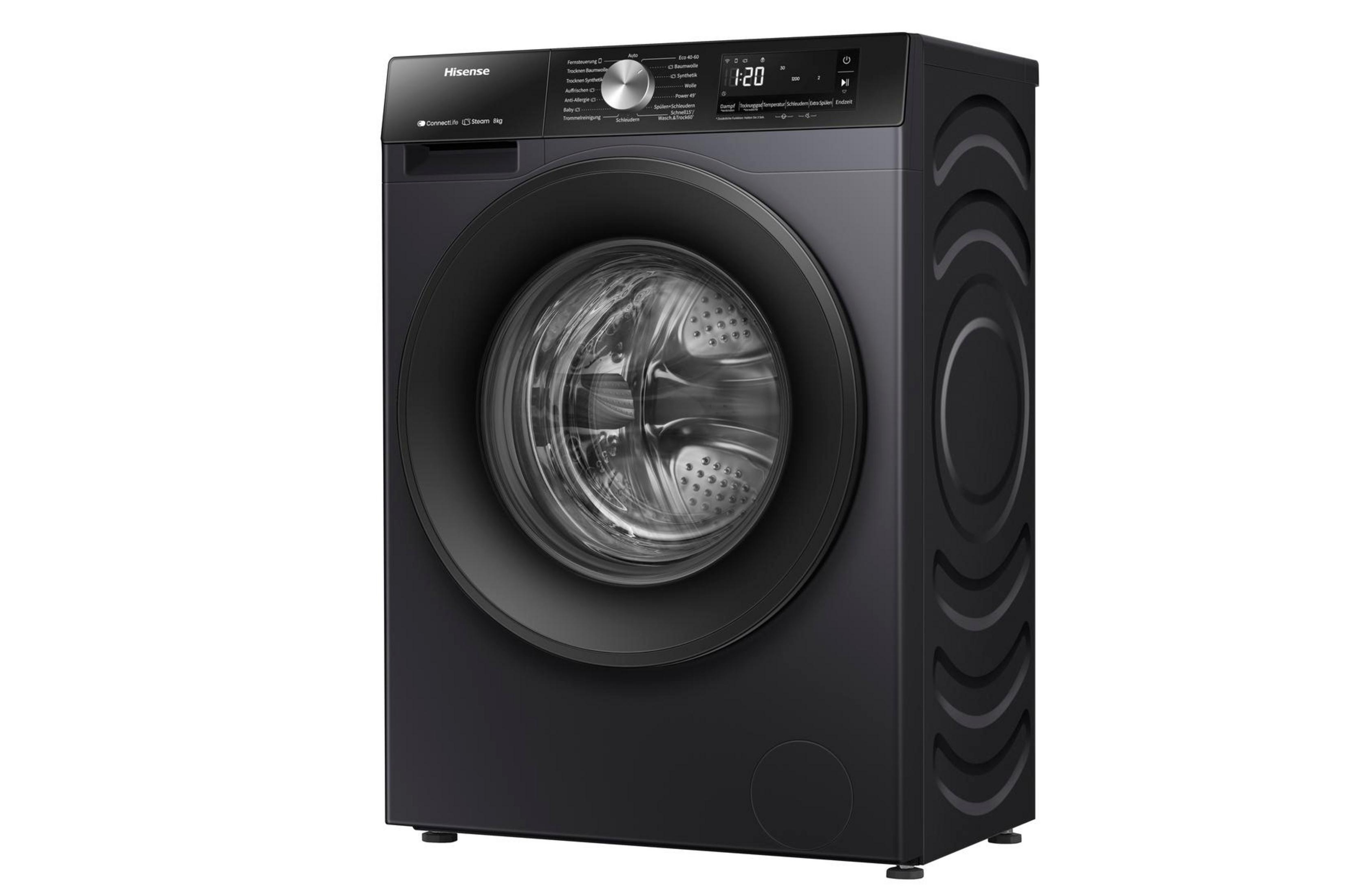 Schwarze Hisense Waschmaschine mit digitalem Display und runder Tür.