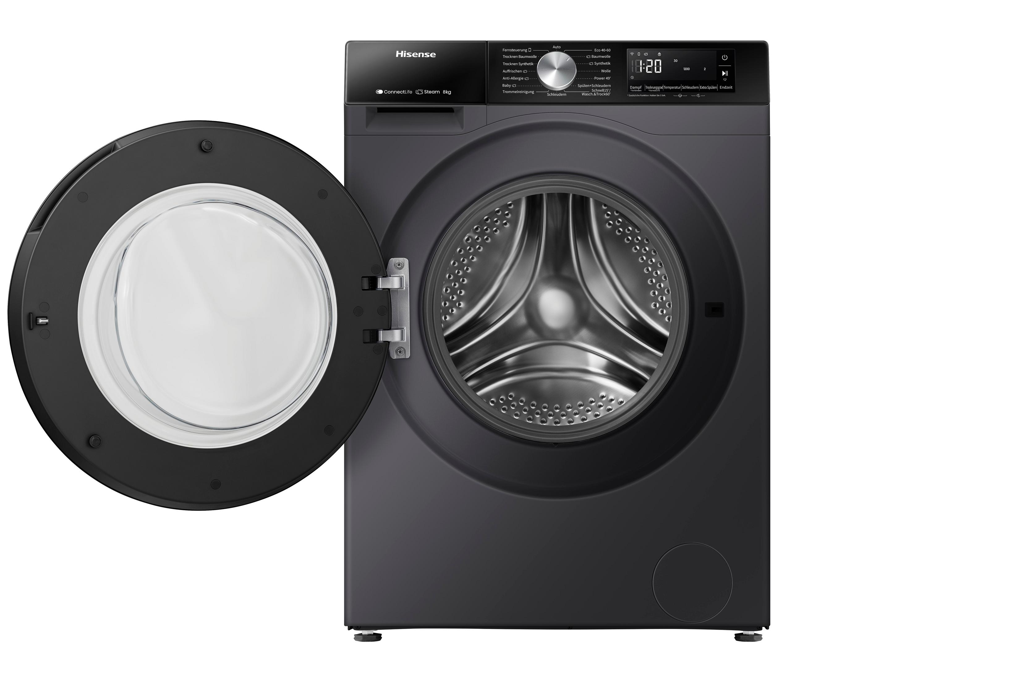 Eine schwarze Hisense Waschmaschine mit geöffneter Tür und digitaler Anzeige.