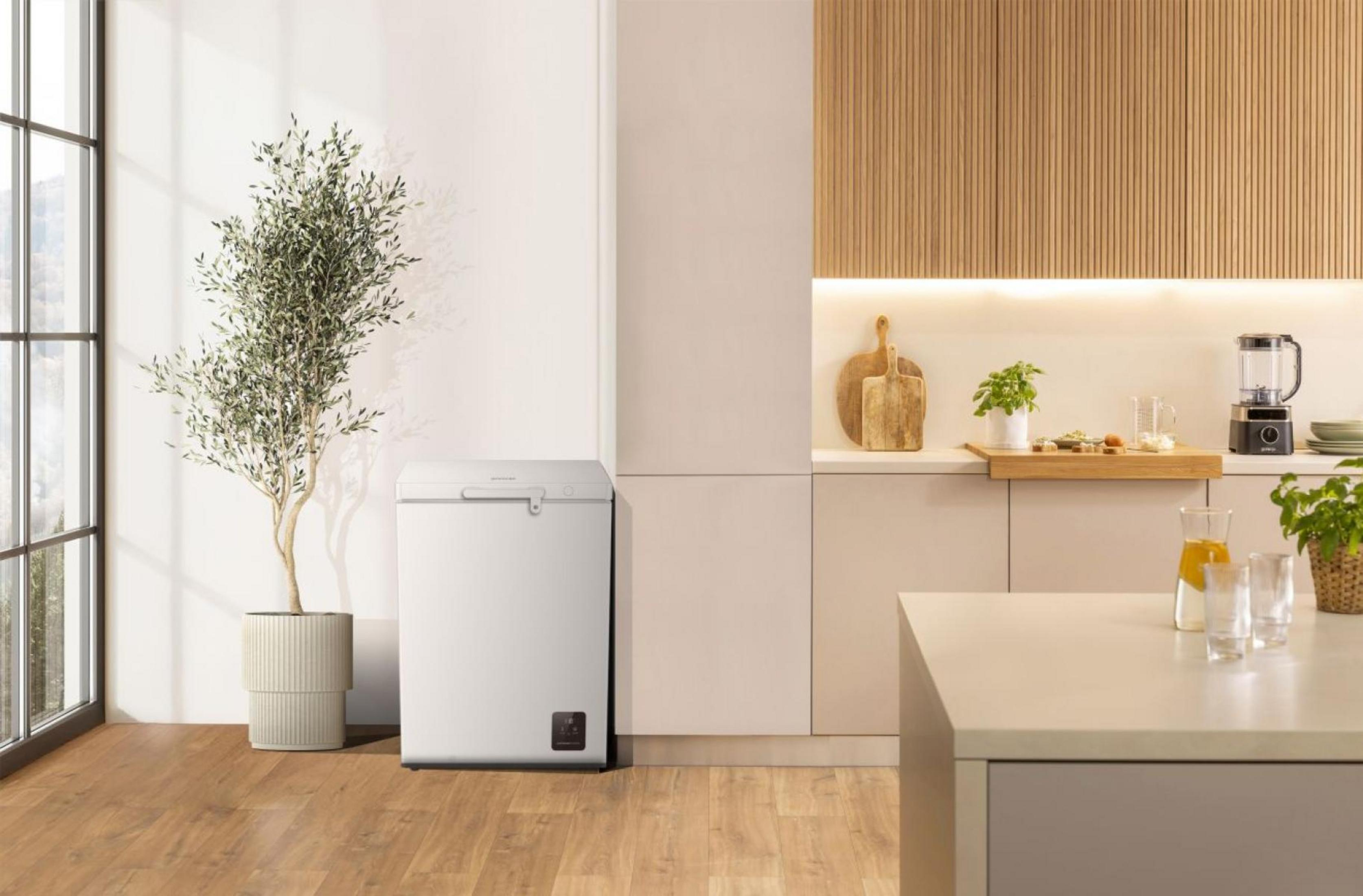 Eine weiße Truhe im modernen Küchenambiente neben einem Olivenbaum.