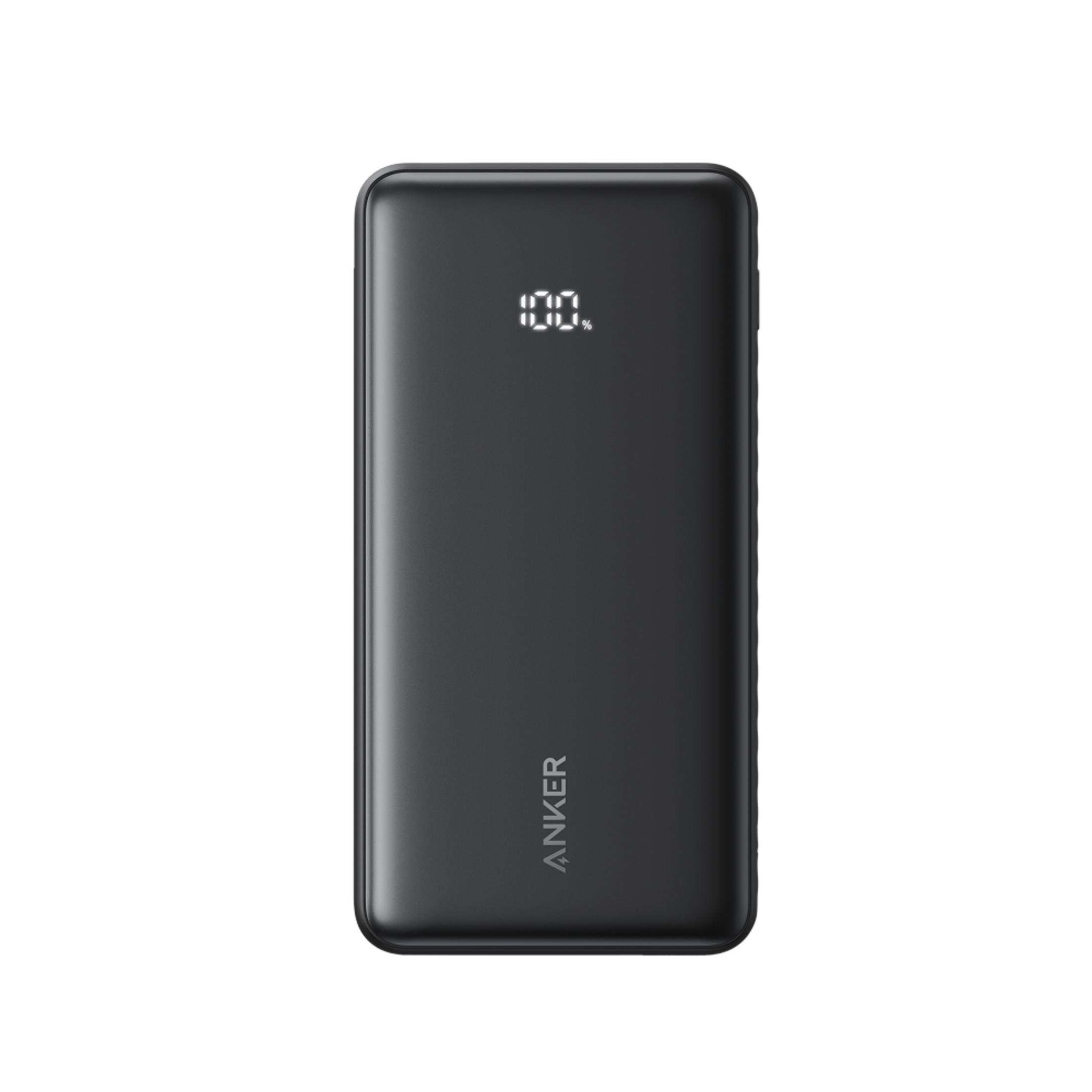 Schwarzes Anker Powerbank mit digitaler 100%-Anzeige.