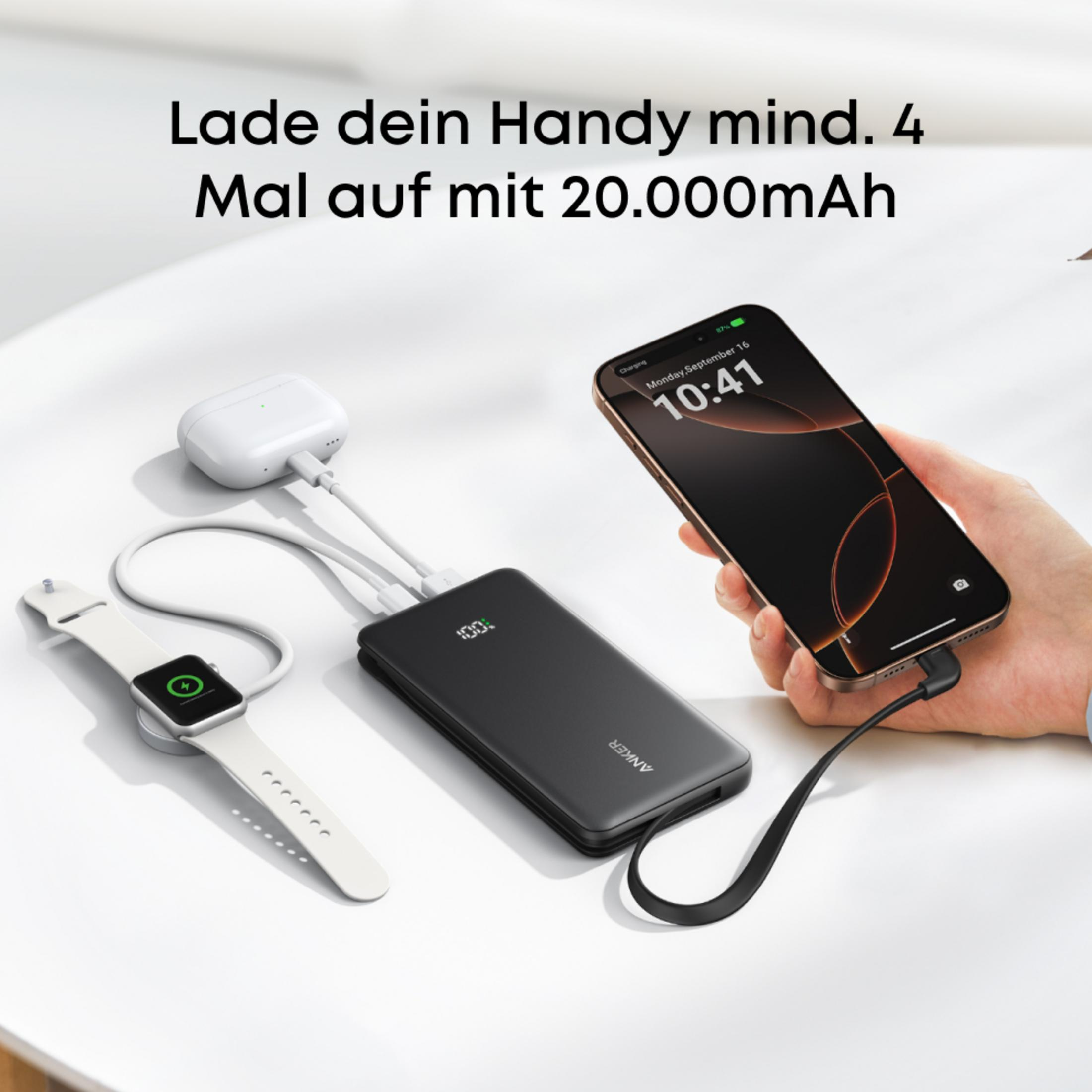 Schwarzes Powerbank lädt Handy, Watch und AirPods. 100% angezeigt.