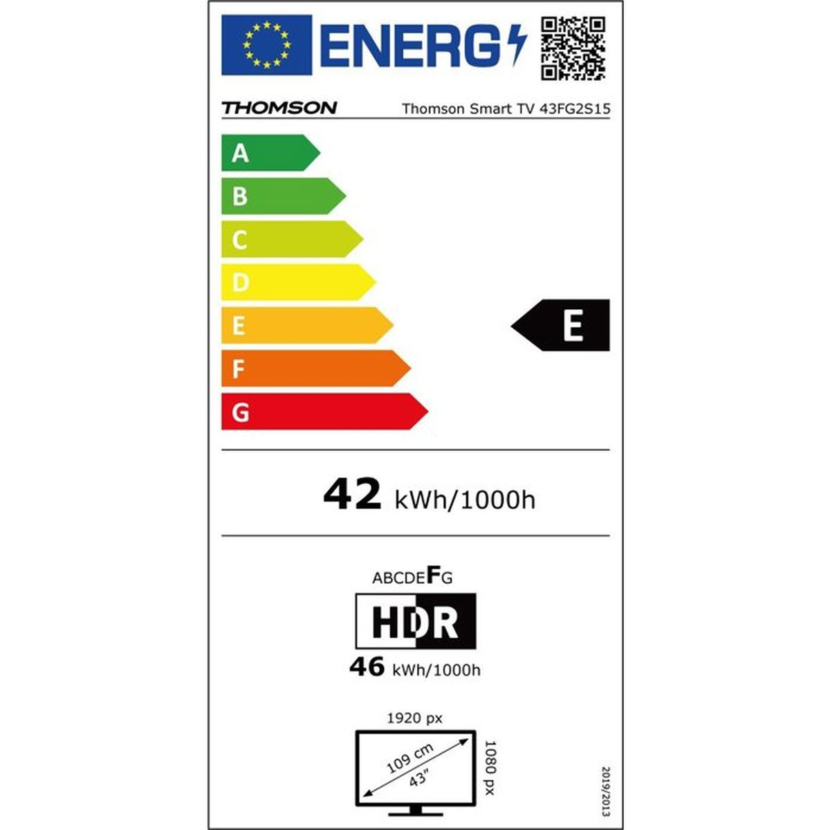 Etichetta di efficienza energetica per Thomson Smart TV 43FG2S15. Classe E.