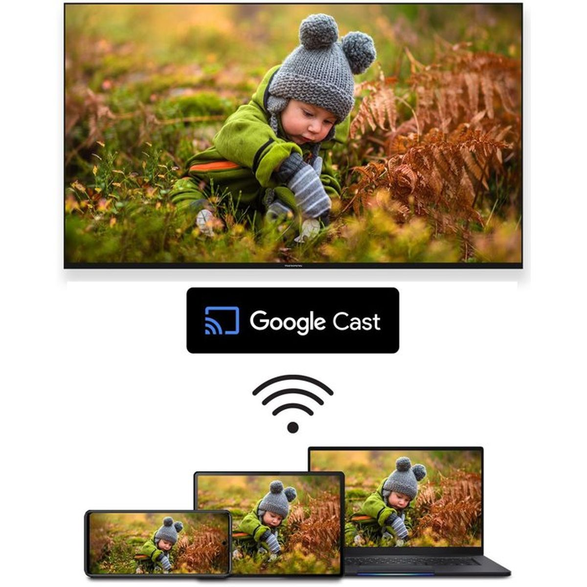 Bambino all'aperto su vari dispositivi con Google Cast.