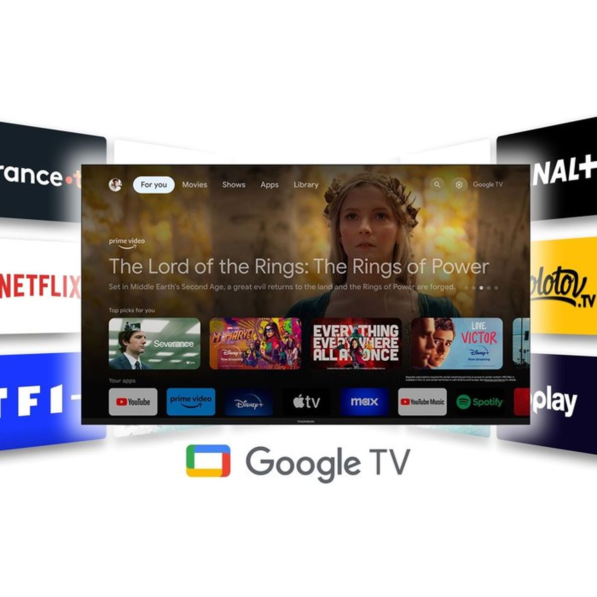 Interfaccia Google TV con app di streaming come Netflix, Prime Video e Disney+.
