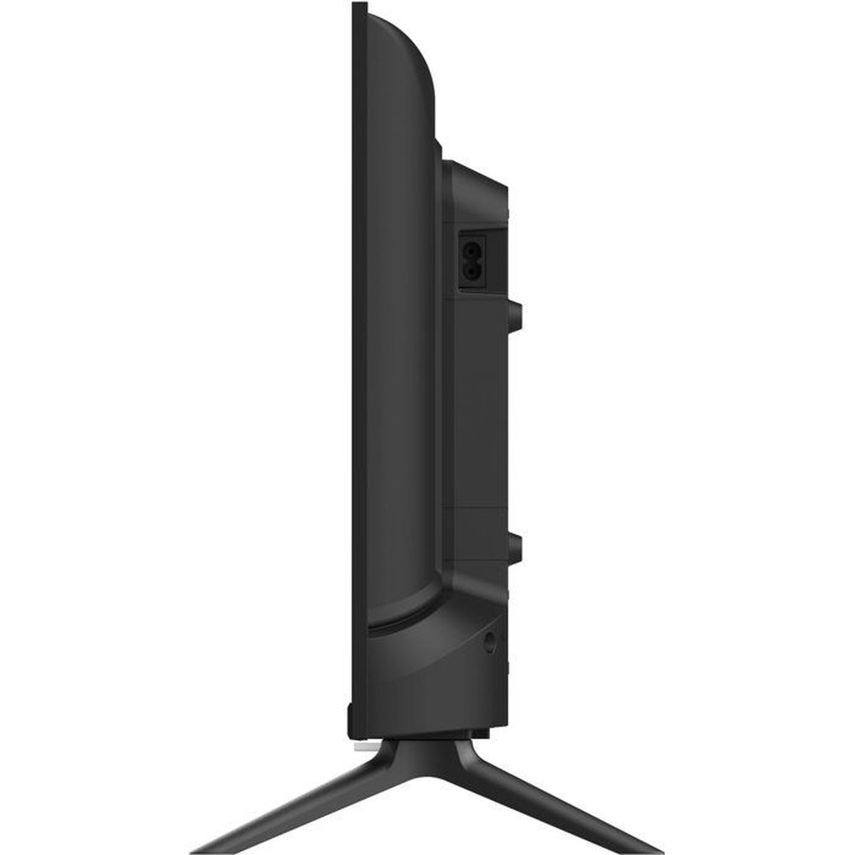 Vista laterale di una TV nera con supporto e porte.