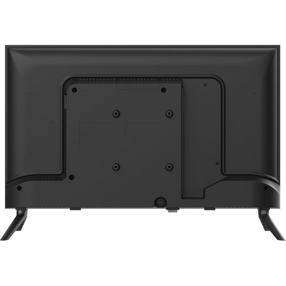 Retro di una TV nera con gambe e porte.
