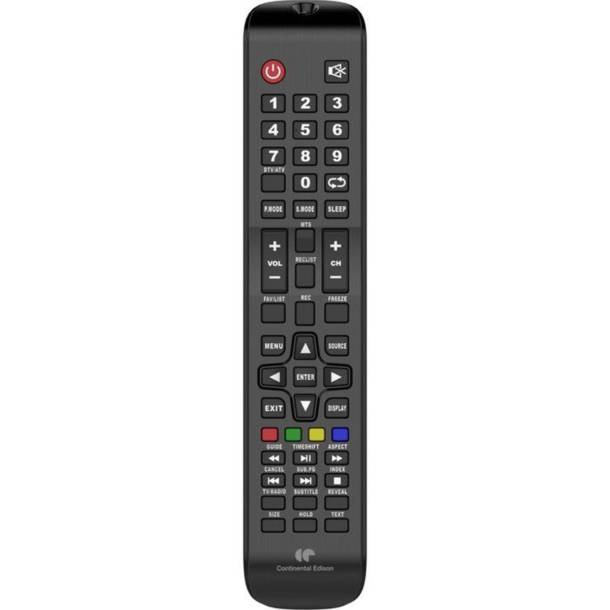 Telecomando TV Continental Edison nero con tastierino numerico e pulsanti funzione.