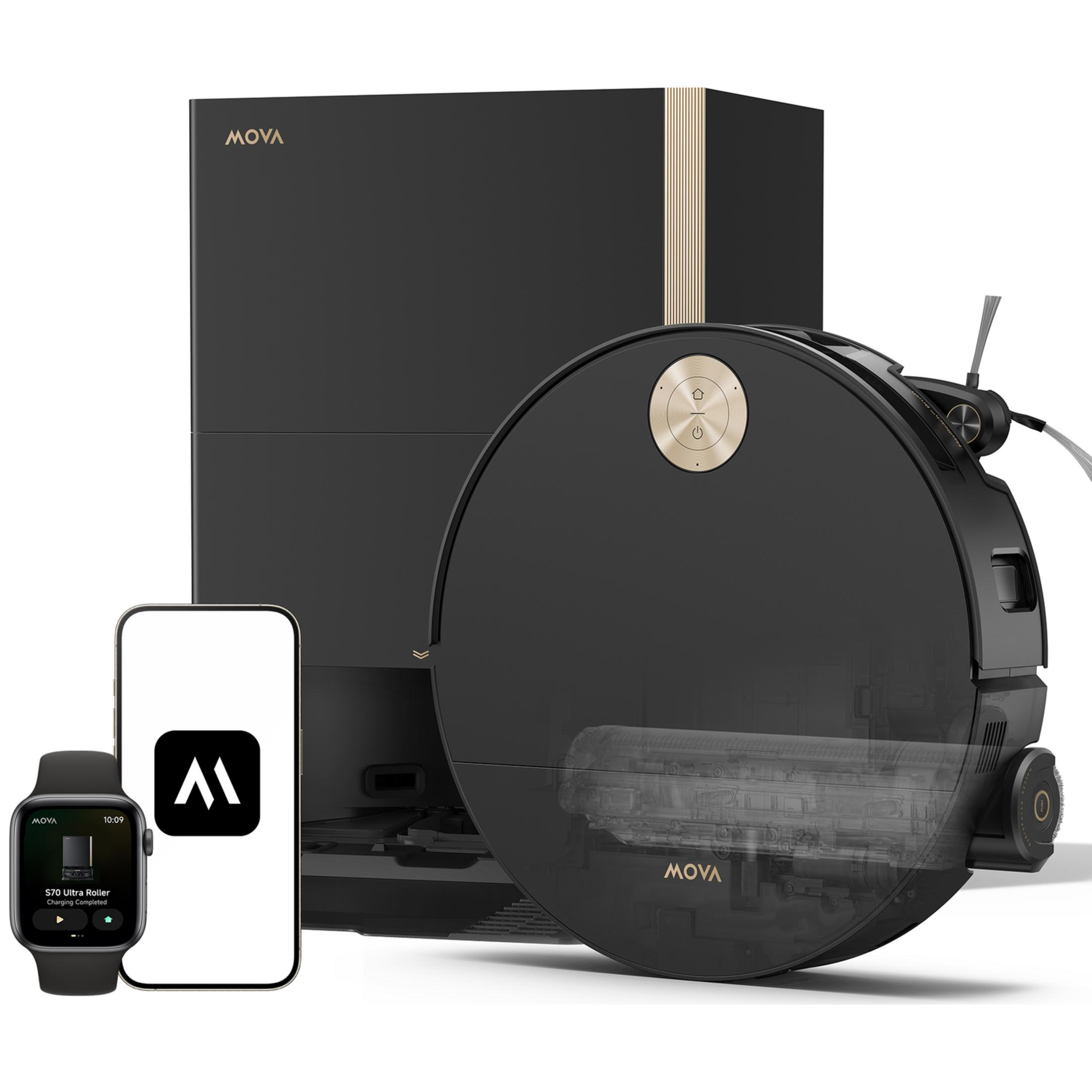 Aspiradora robot negra con estación de carga, smartphone y smartwatch.