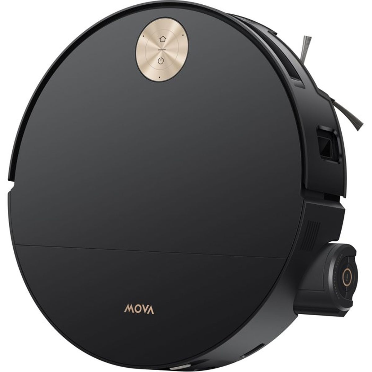 Un robot aspirador redondo y negro con detalles dorados y un logo "MOVA".