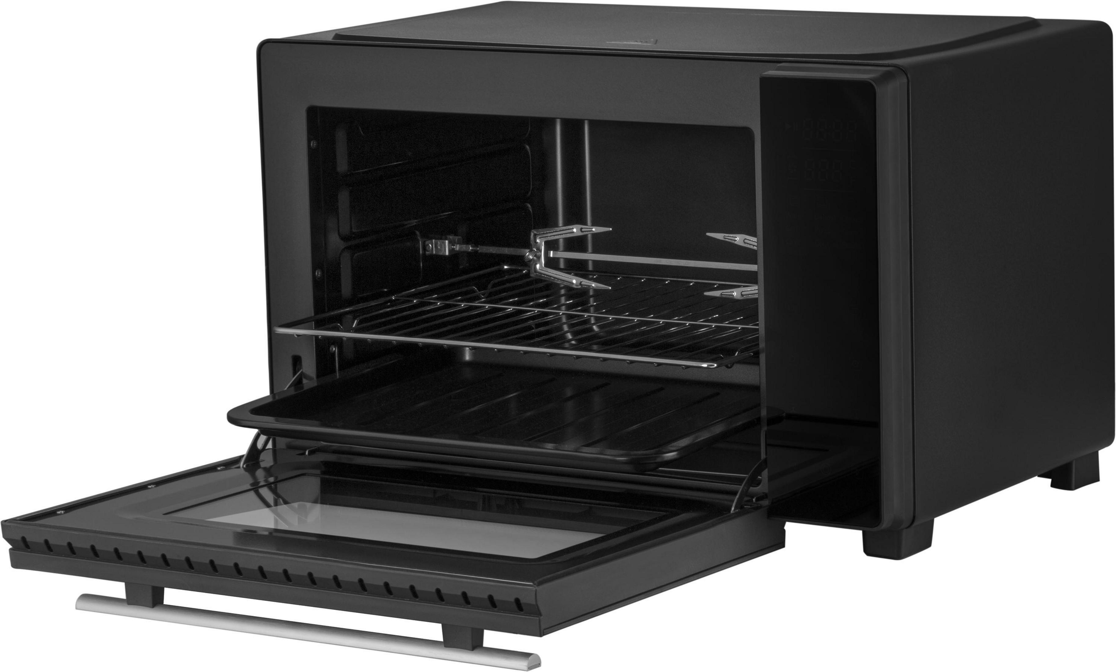 Un forno da banco nero con porta aperta, che mostra una griglia e una teglia.