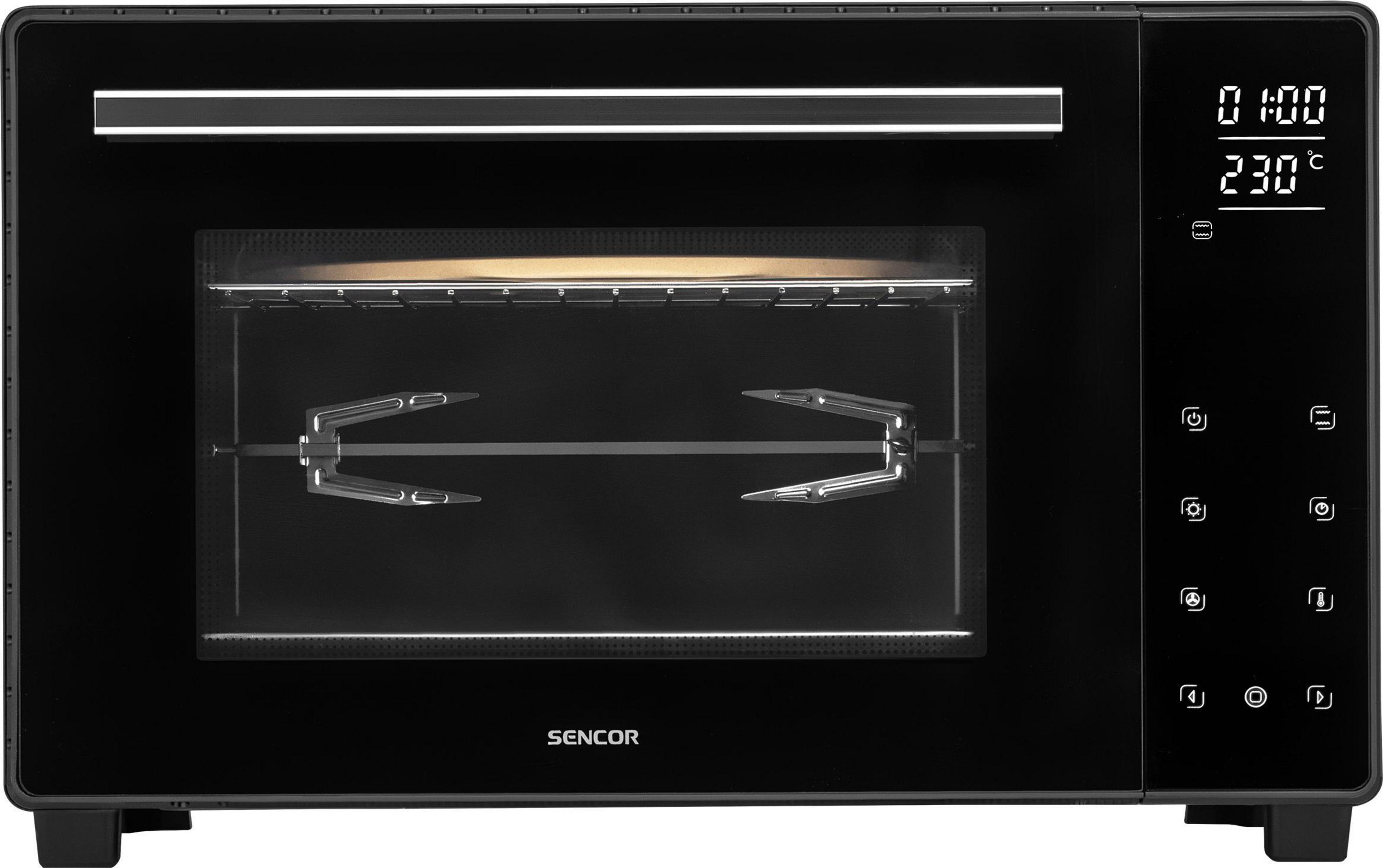 Forno nero da banco con display digitale e girarrosto all'interno.