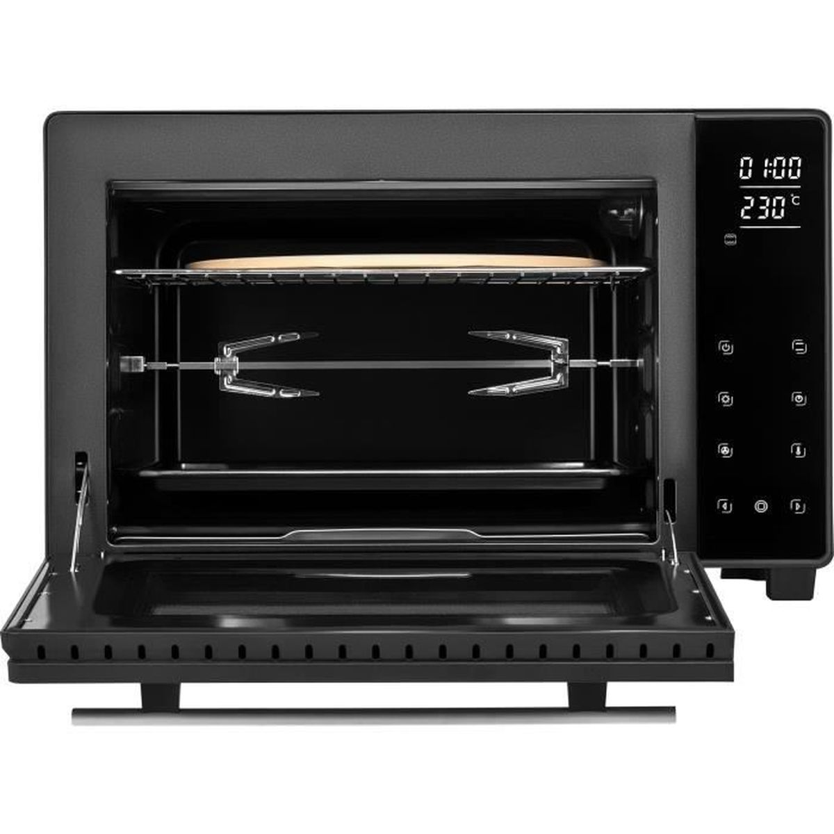 Un forno da banco nero con porta aperta, girarrosto e pietra per pizza.