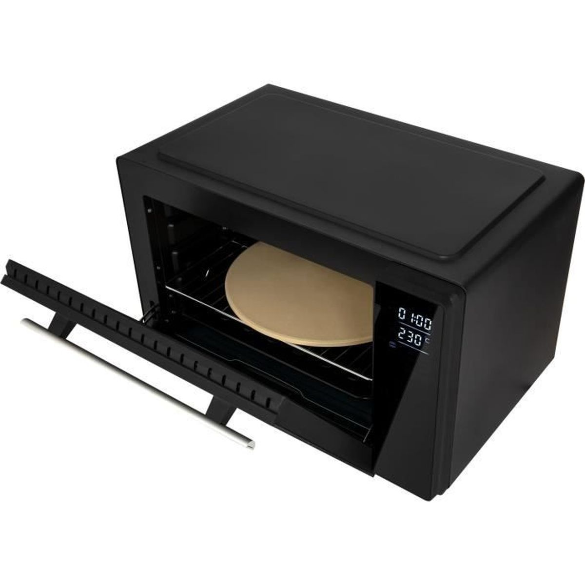 Forno nero da banco con porta aperta, pietra per pizza sulla griglia.