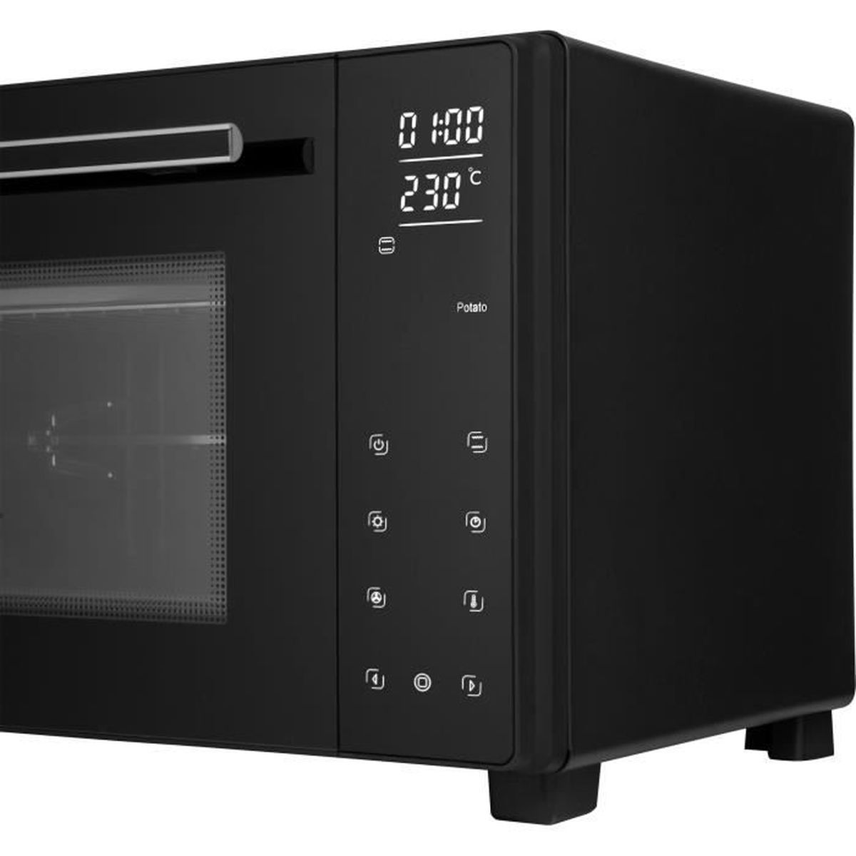 Forno nero con display digitale: 01:00 tempo, 230°C temperatura.