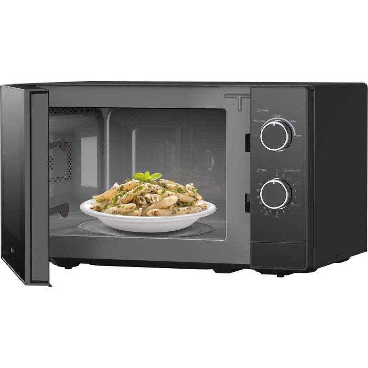 Un forno a microonde nero con lo sportello aperto, contenente una ciotola di pasta.