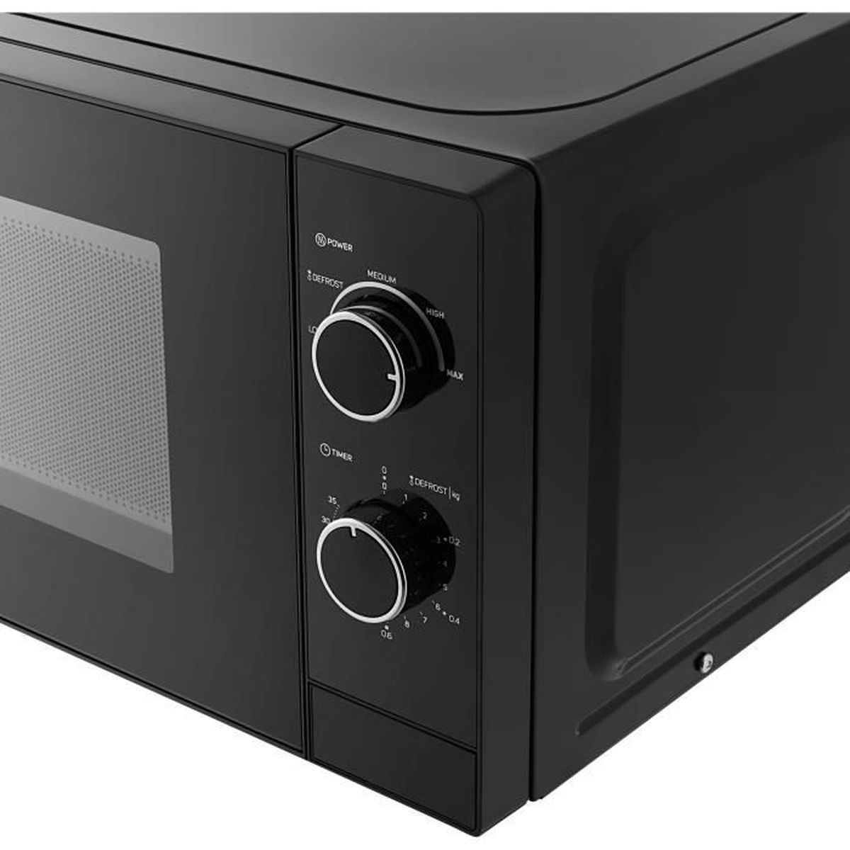 Forno a microonde nero con due manopole e una finestra.
