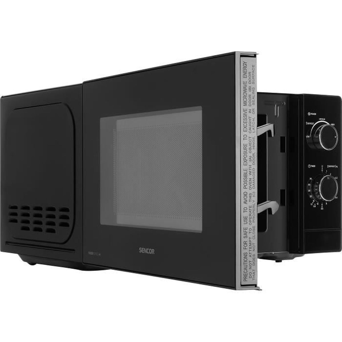 Forno a microonde nero con porta in vetro, manopole. Etichetta di avvertenza sulla porta.