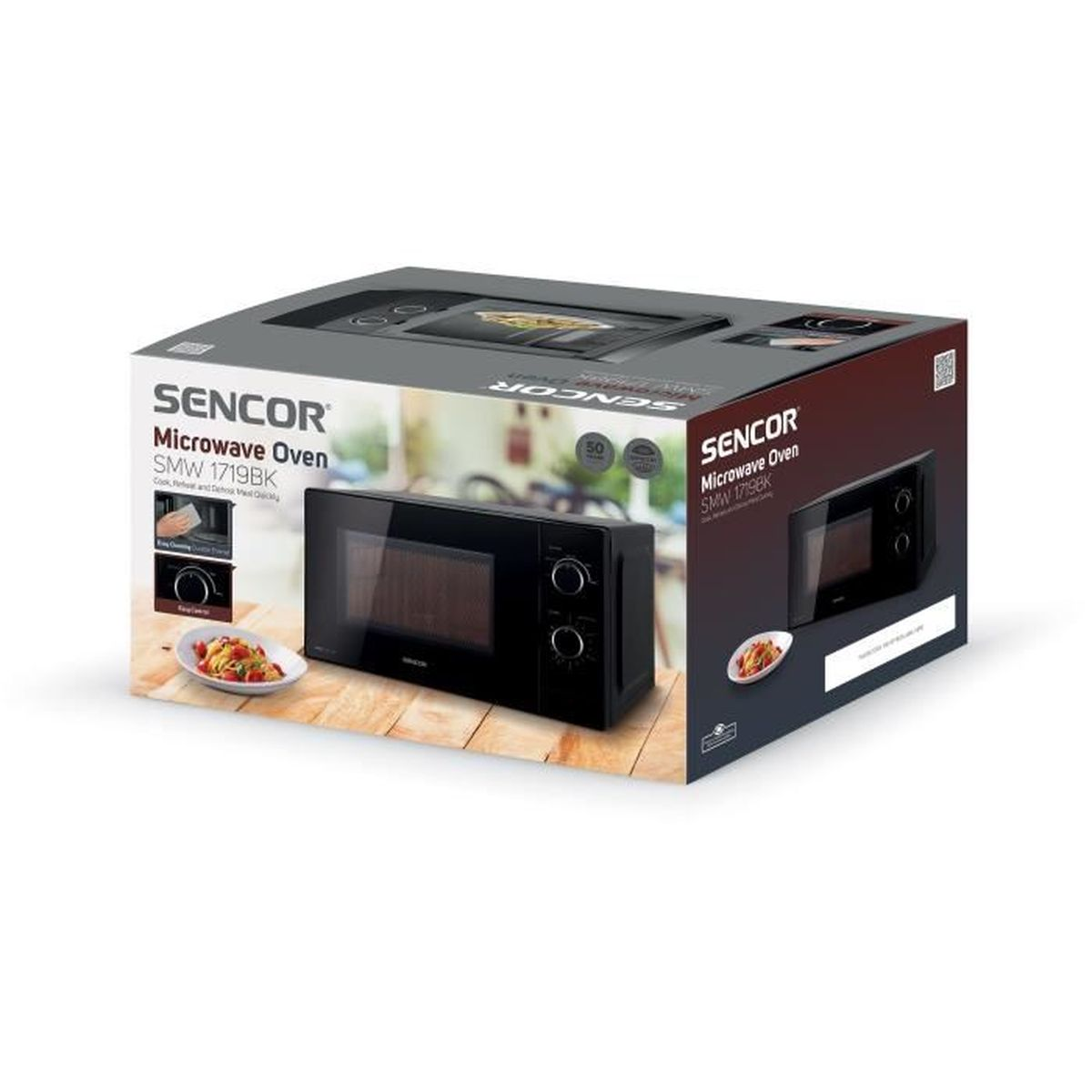 Forno a microonde SENCOR nero SMW 1719BK su superficie in legno, scatola con immagini.