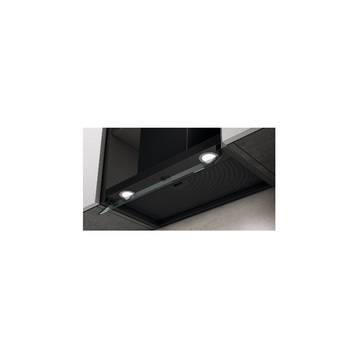 Cappa aspirante nera con pannello in vetro e tre luci.