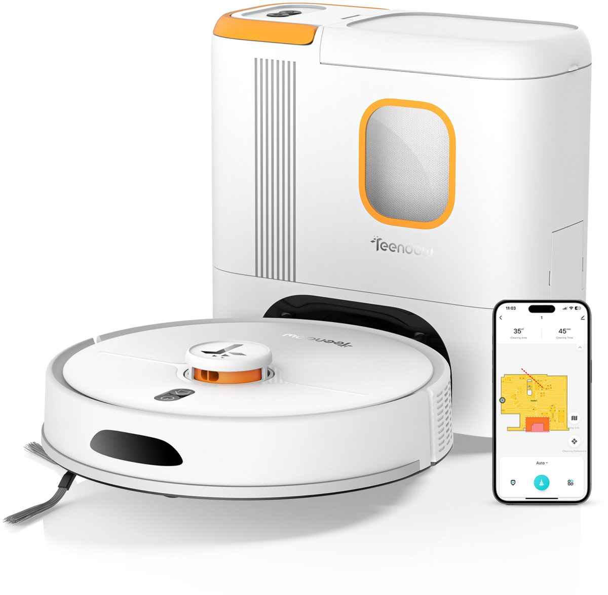 Een witte robotstofzuiger met laadstation en smartphone die een schoonmaakkaart toont.