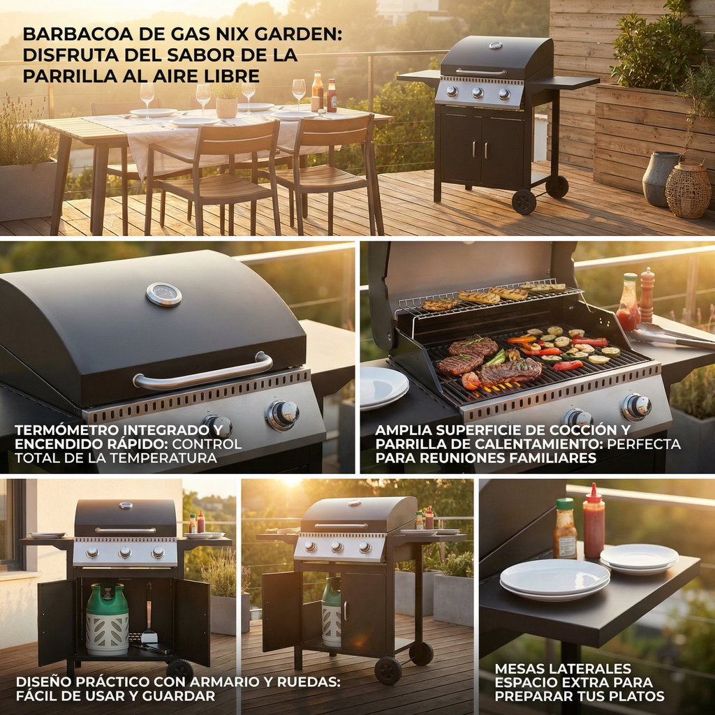 Una barbacoa de gas NIX GARDEN con termómetro, gran superficie y mesas laterales.