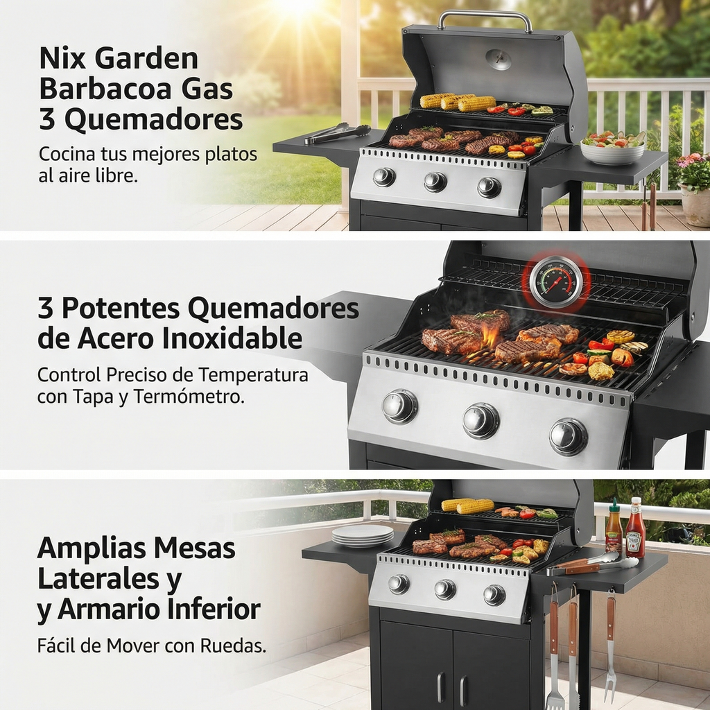 Parrilla a gas de 3 quemadores con carne y mazorca de maíz. Ambiente exterior.