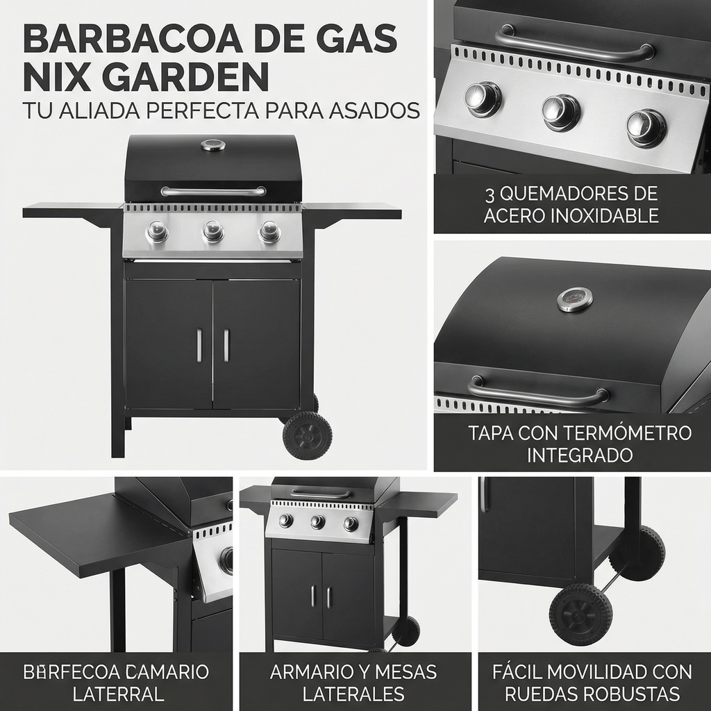 Barbacoa de gas negra con tres quemadores, mesas laterales y ruedas.
