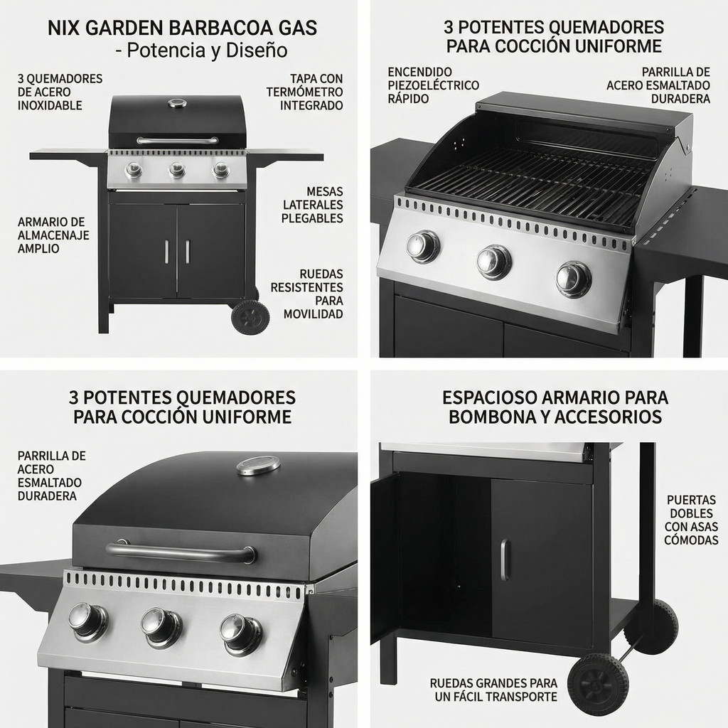 Una barbacoa de gas con tres quemadores, mesas laterales y ruedas.
