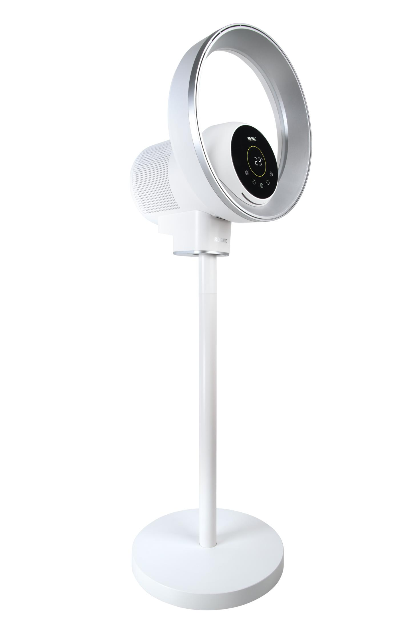 Ein weißer Standventilator mit rundem silbernem Ring und schwarzem Bedienfeld.