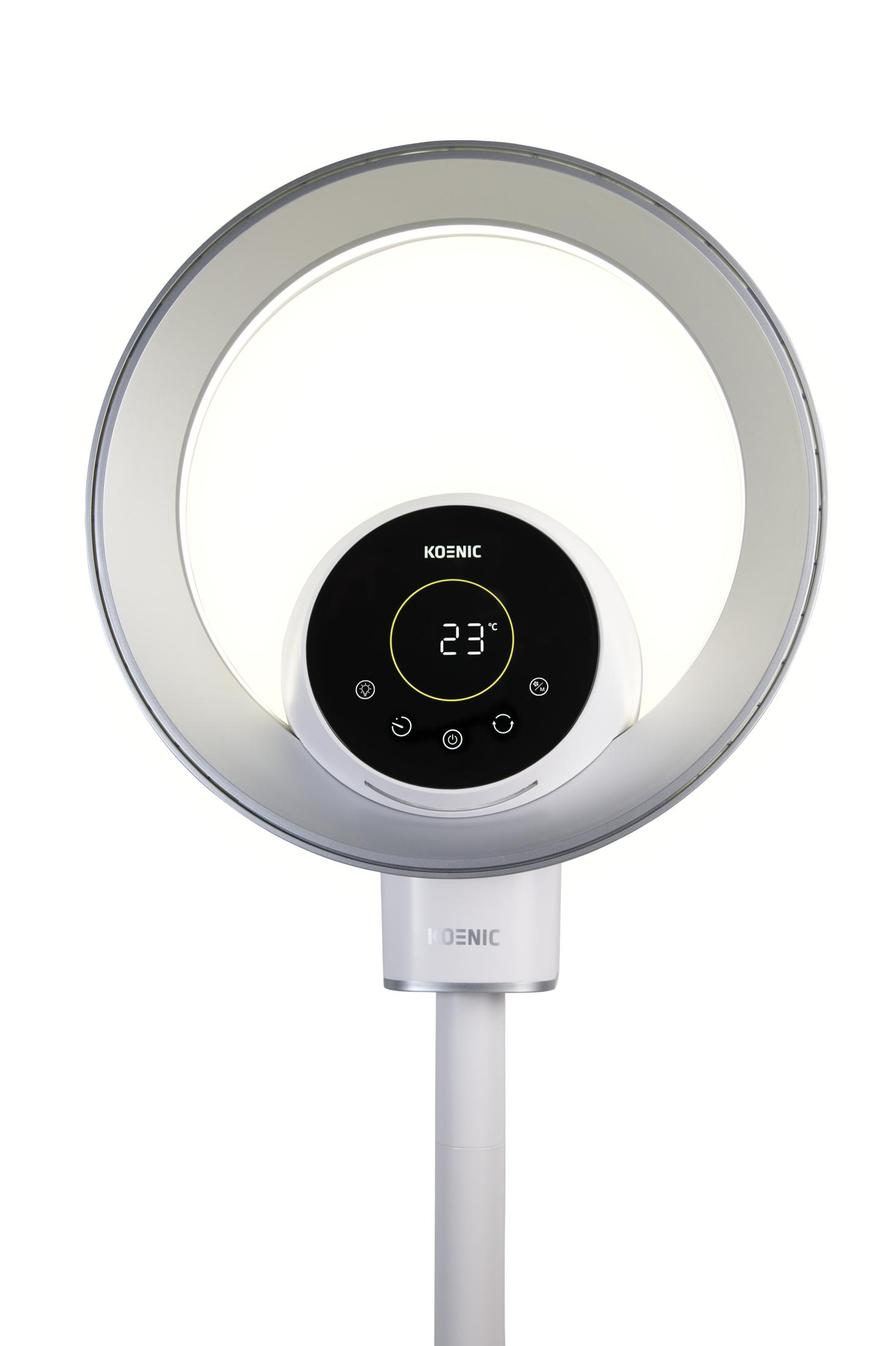 Ein moderner weißer Ventilator mit rundem Ring und digitaler Anzeige, die 23°C zeigt.