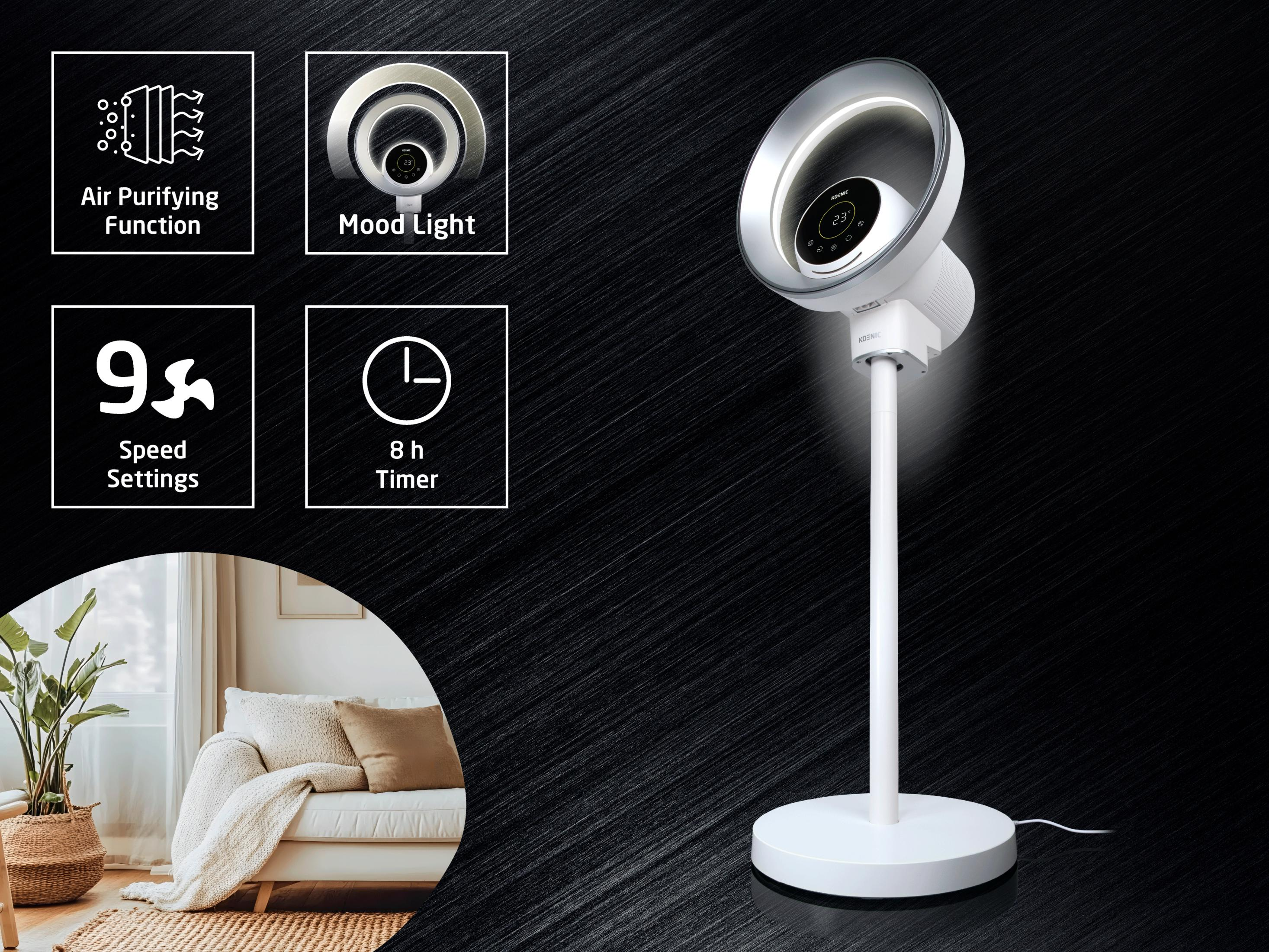 Ein weißer Ventilator mit Beleuchtung, Luftreinigung, 9 Geschwindigkeiten und Timer.