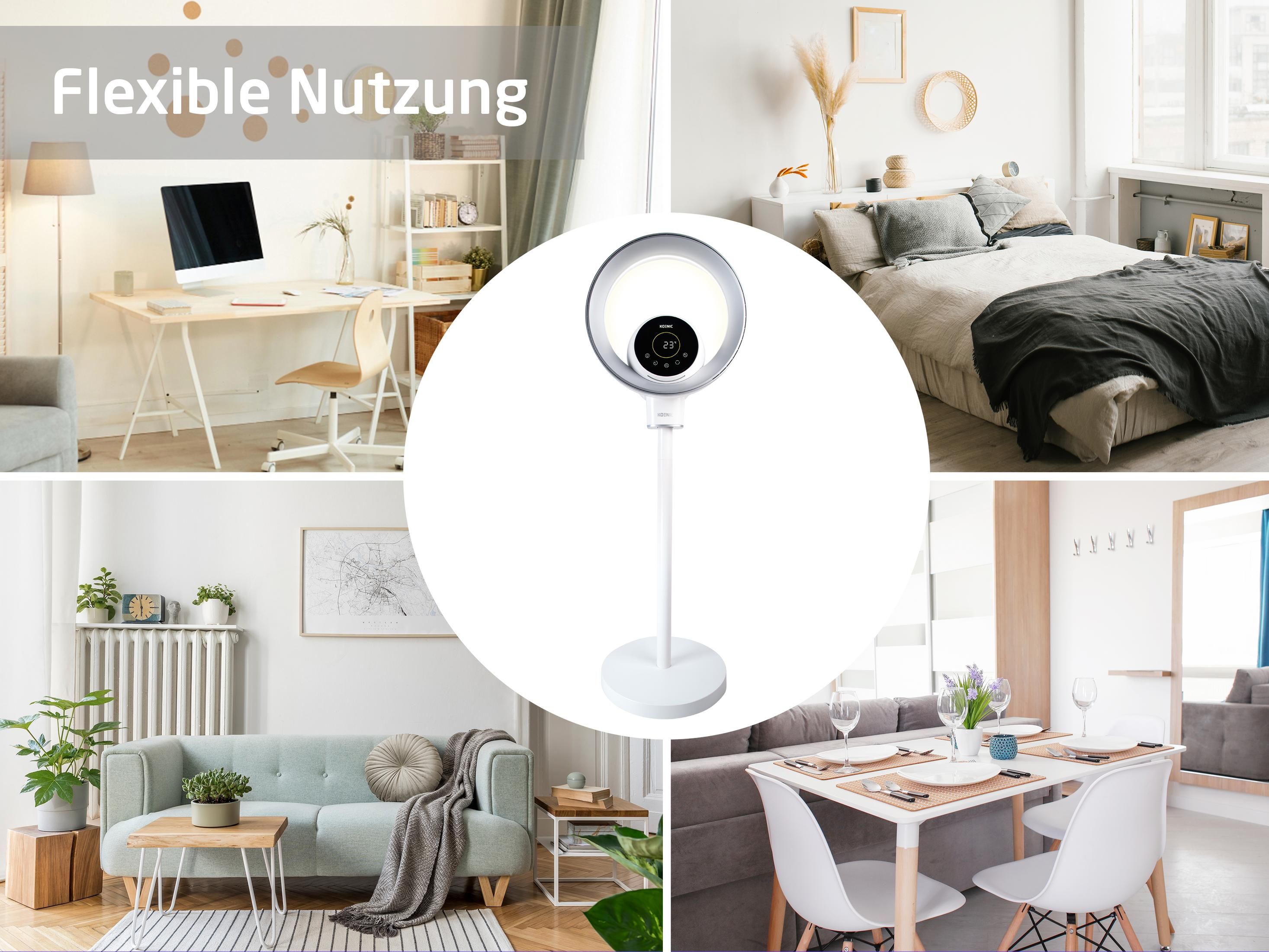 Collage aus vier Wohnszenen: Schreibtisch, Schlafzimmer, Wohnzimmer, Essbereich.