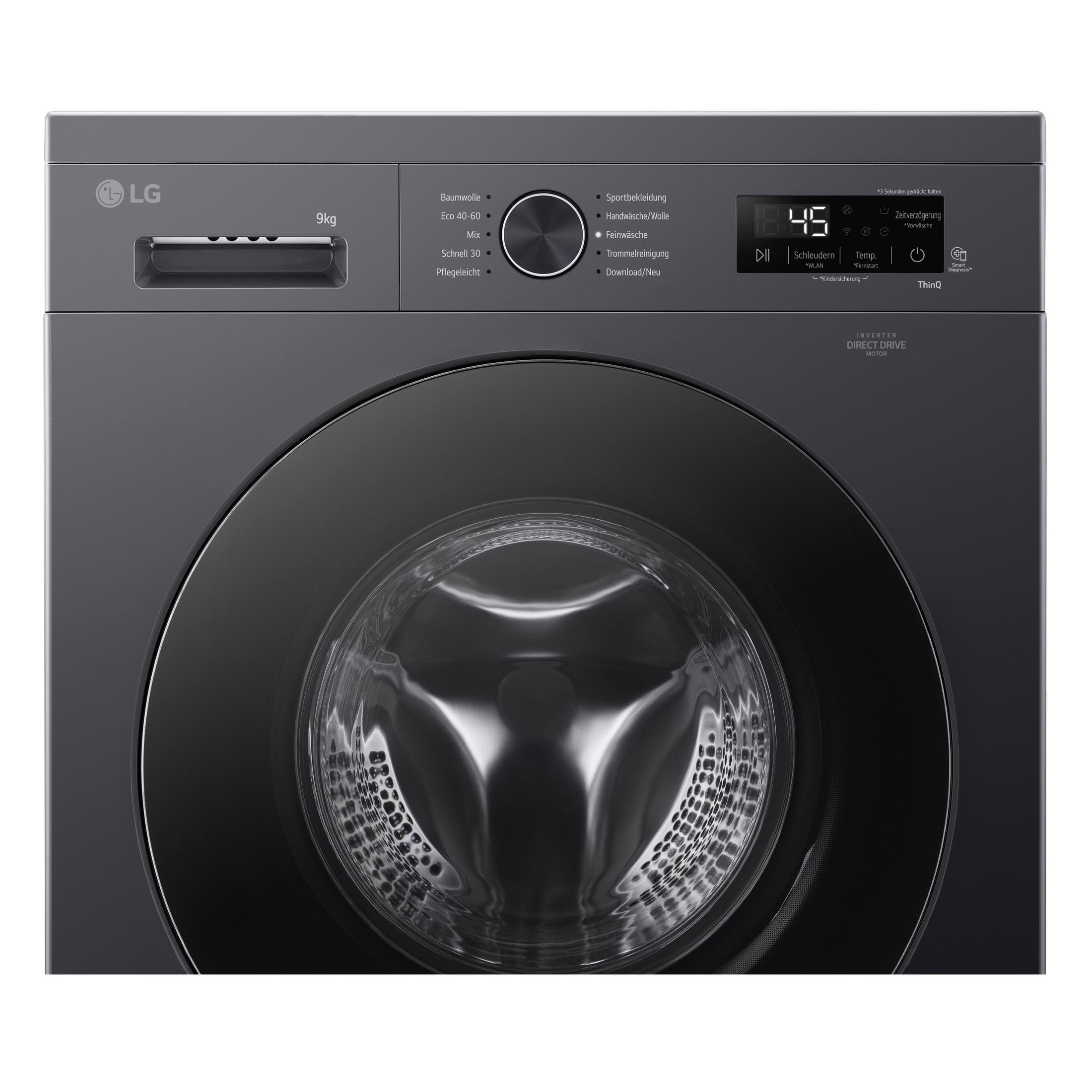 Eine graue LG Waschmaschine mit digitalem Display und runder Tür.