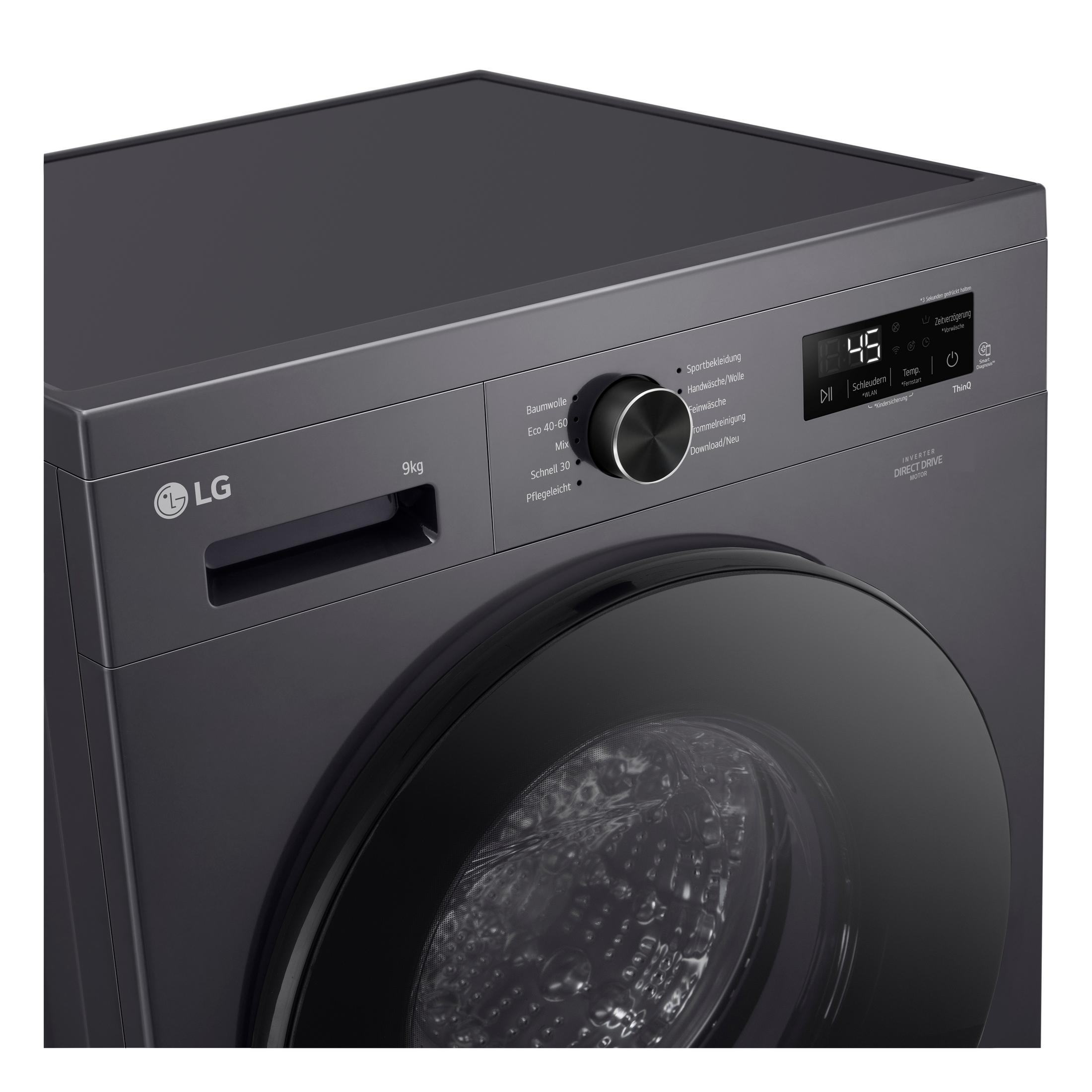 Moderne dunkle LG Waschmaschine mit digitalem Display und verschiedenen Programmen.