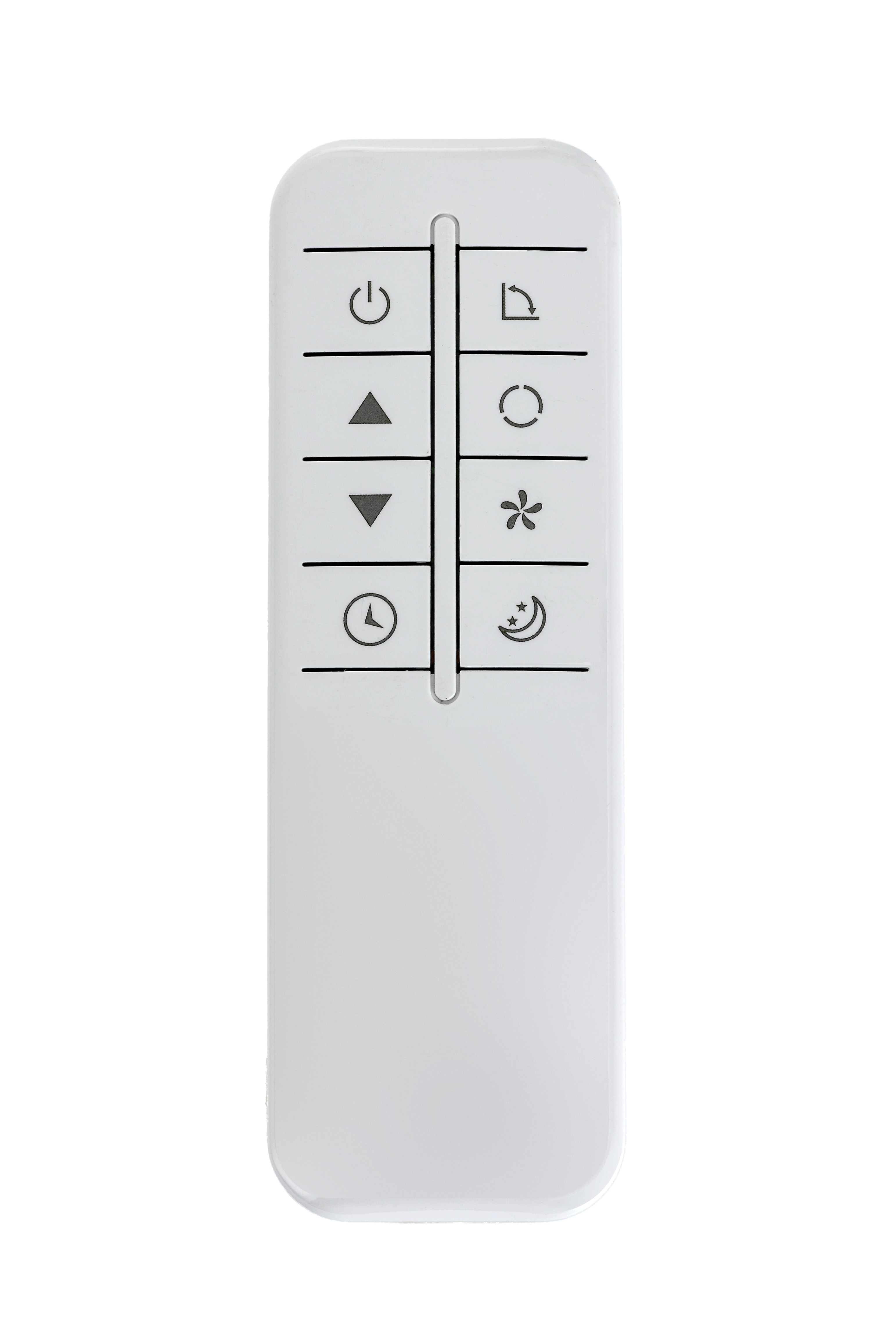 Un dispositivo de control remoto blanco con iconos de encendido, flechas, tiempo y noche.