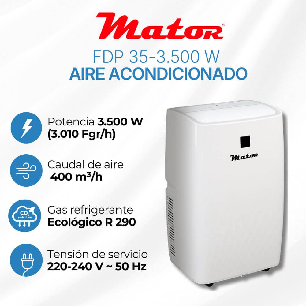 Un aire acondicionado Mator blanco con especificaciones: 3500W, 400m³/h flujo de aire, R290.