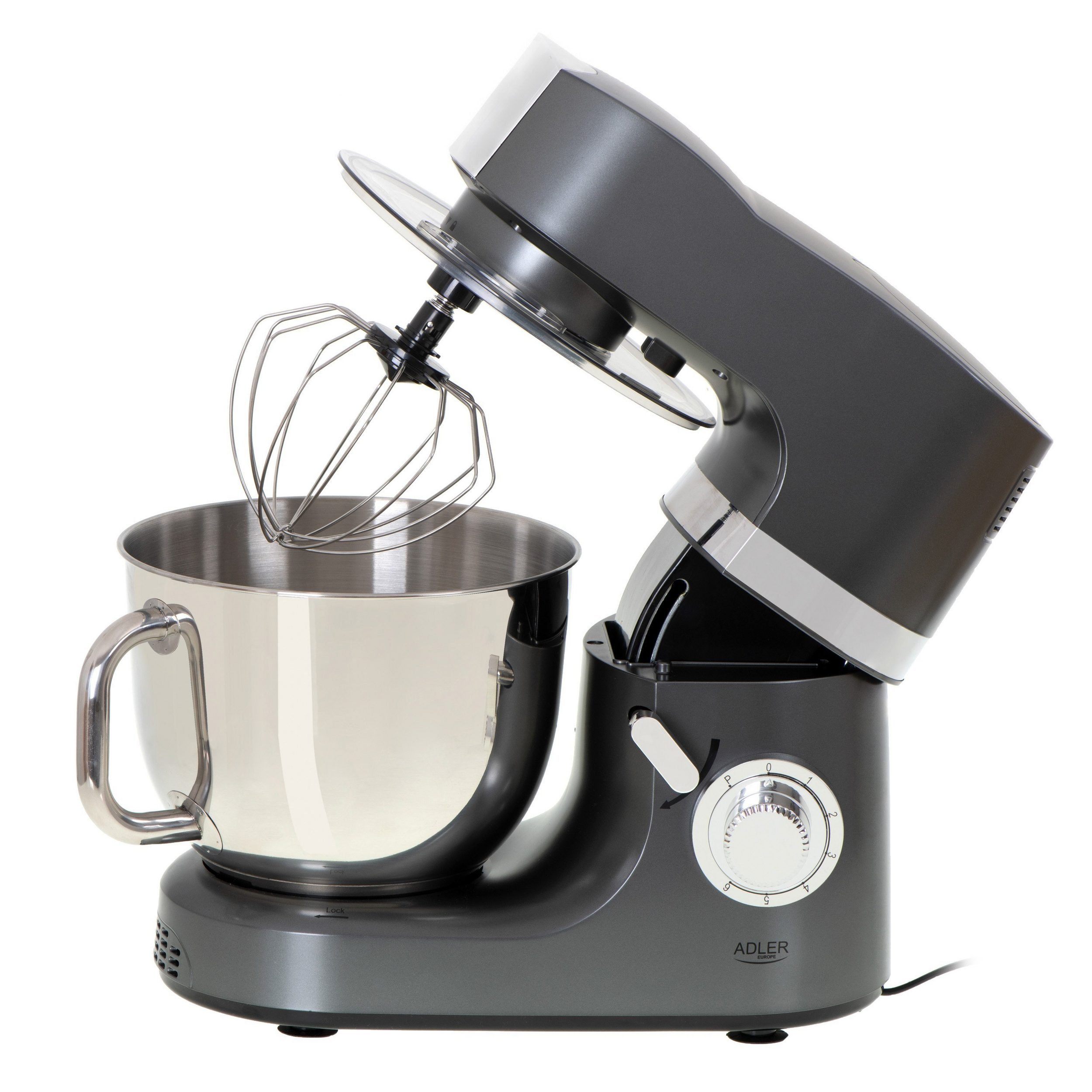 Grauer Küchenmixer mit silberner Schüssel und Schneebesen.