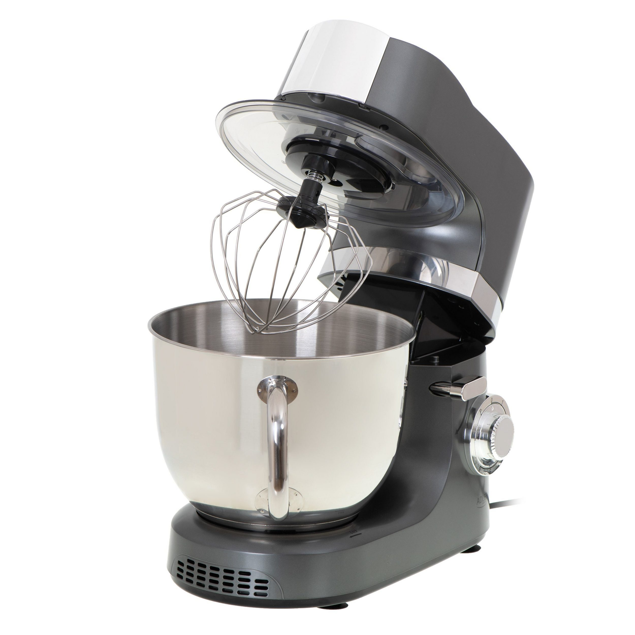 Grauer Küchenmixer mit Rührschüssel und Schneebesen, freigestellt.