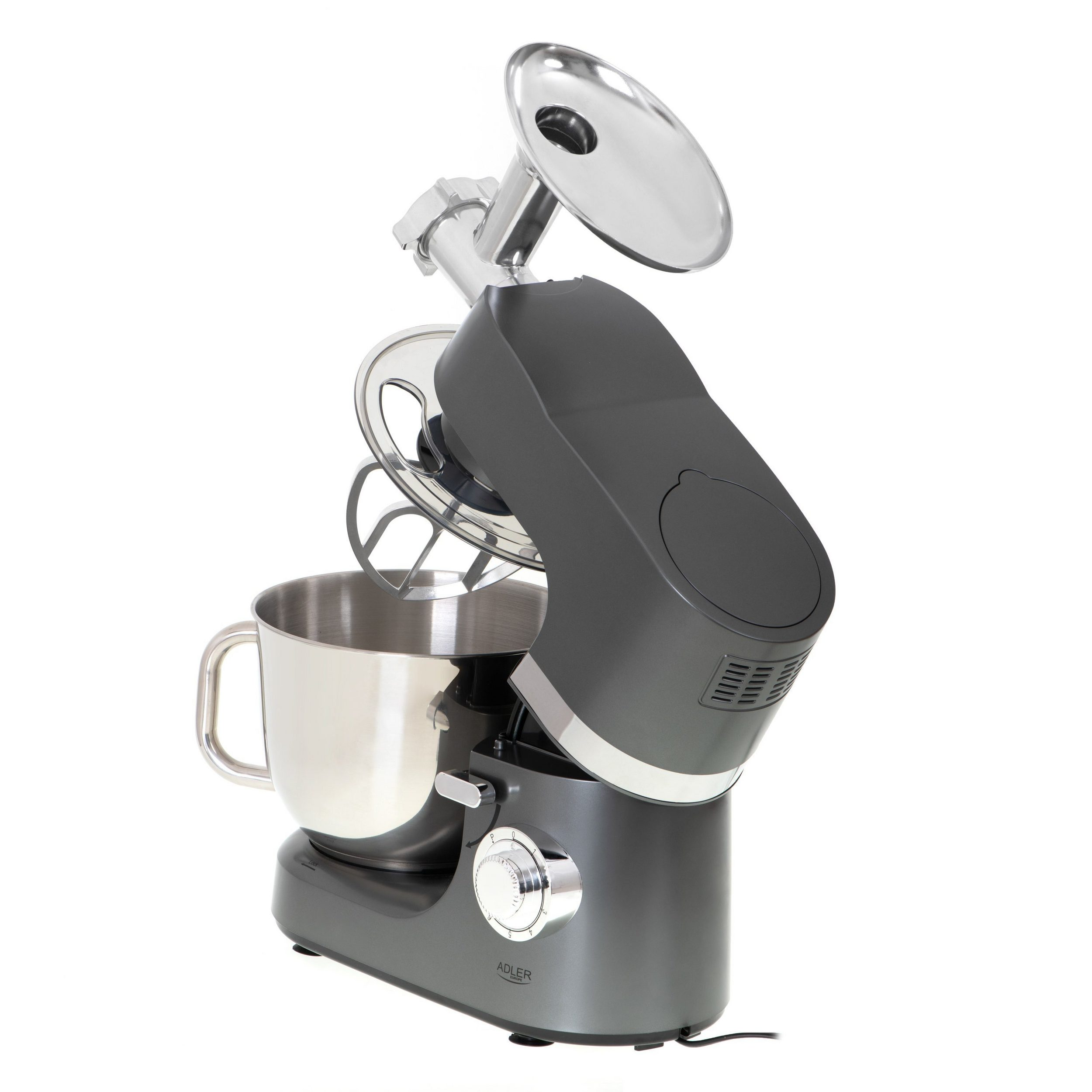 Grauer Küchenmixer mit Edelstahlschüssel und Fleischwolfaufsatz.