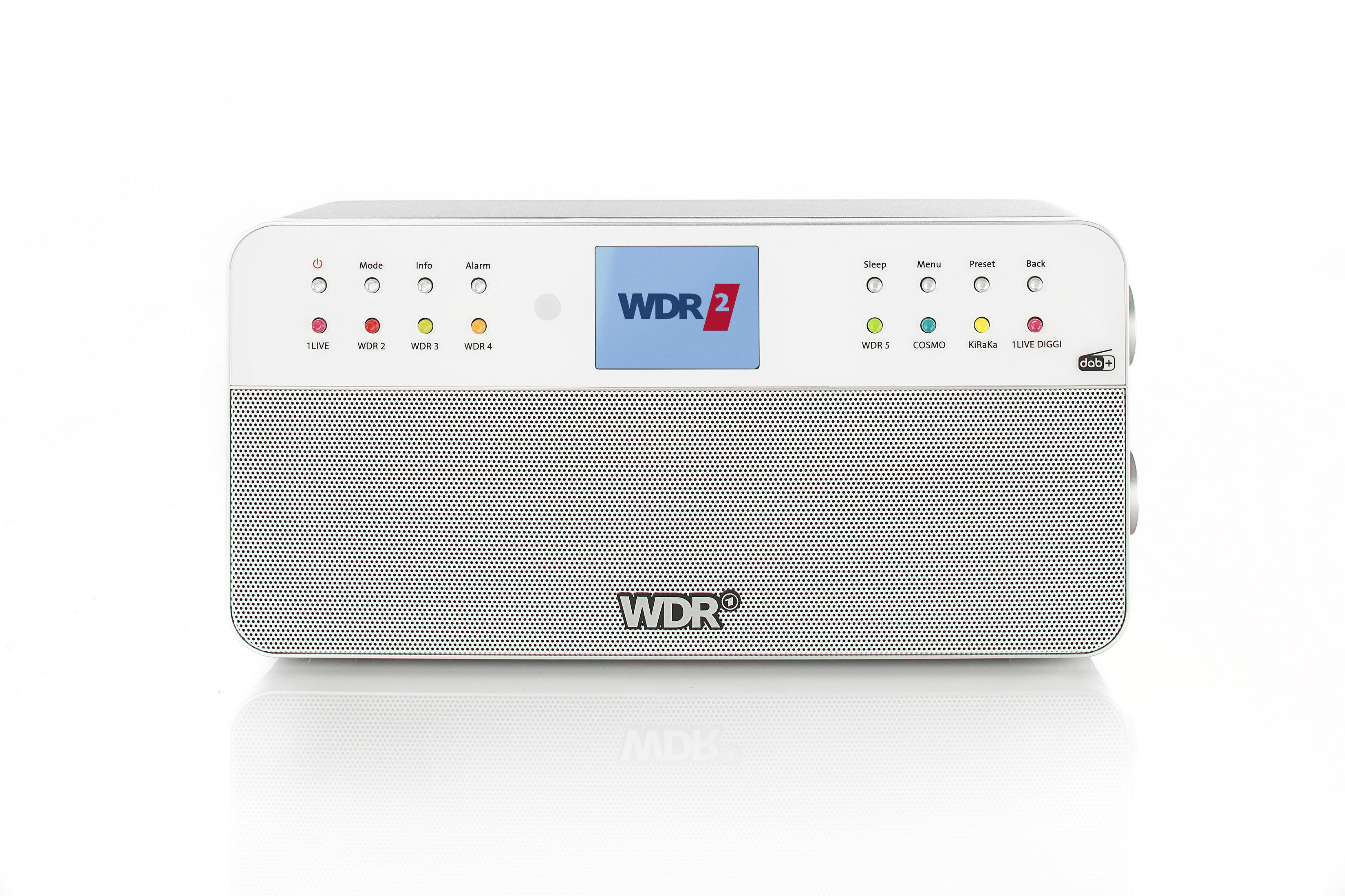 Ein weißes DAB+ Radio mit Lautsprechergitter und Bedienelementen.