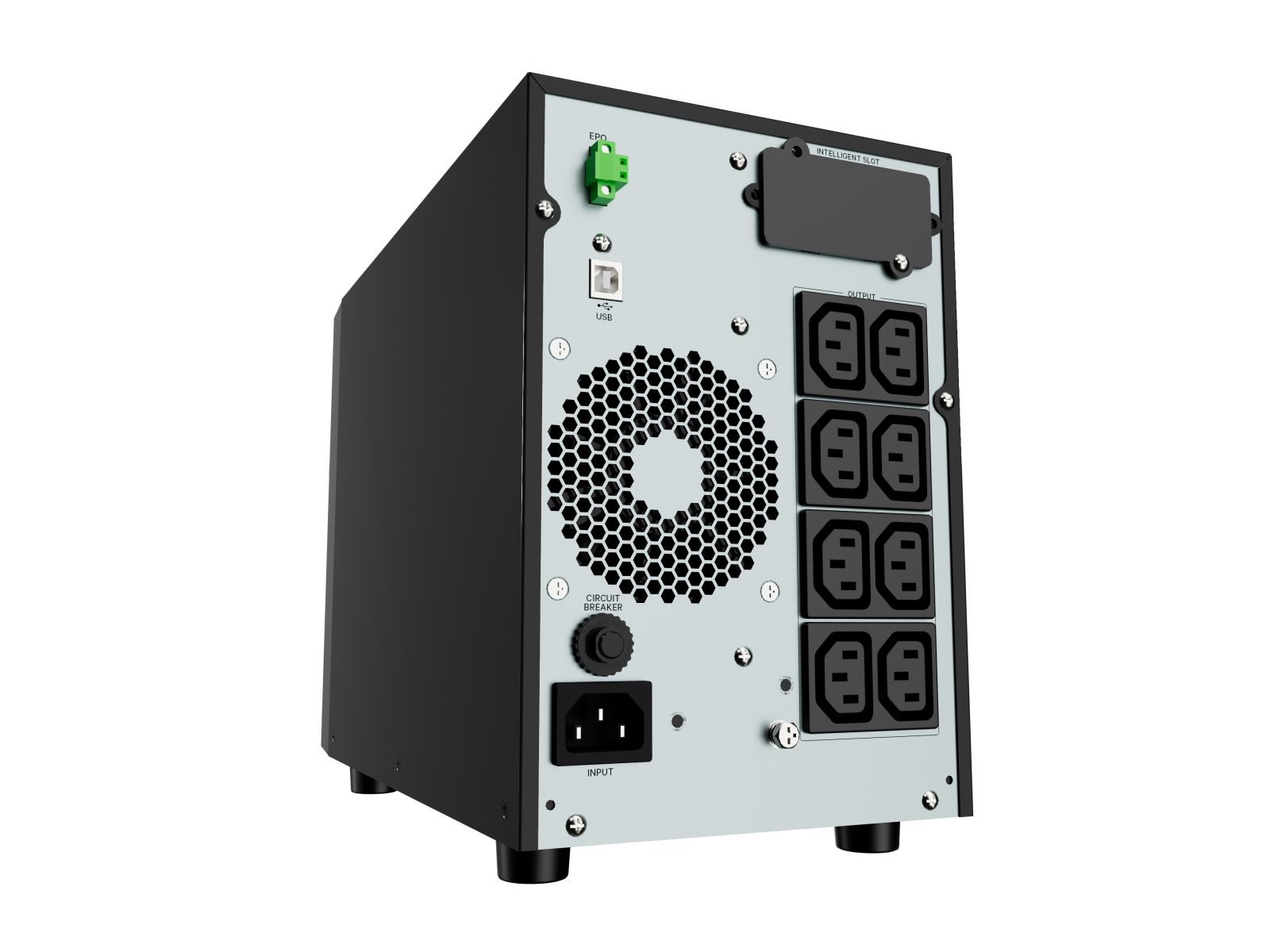 Retro di un dispositivo nero con ventola, prese, EPO, USB e interruttore.